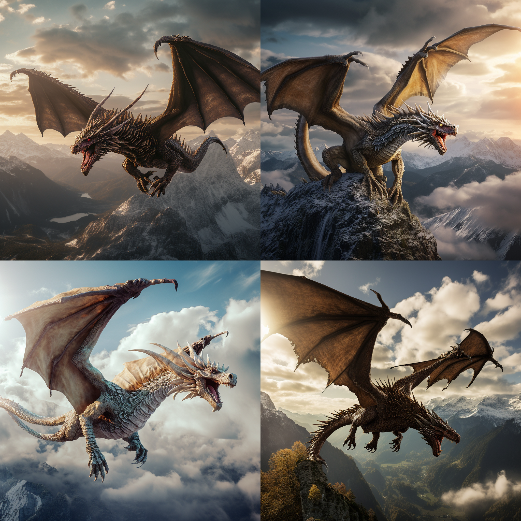 龙盘旋在空中，展翅飞翔。背景是壮丽的山脉和云海，构图以龙为中心，呈对角线布局。使用广角镜头拍摄，突显龙的气势。光线柔和，照亮龙的身躯。龙张开大口，似乎在吐息火焰。颜色鲜艳，以红色和金色为主，增添神秘感。整个画面充满力量和魔幻情怀。