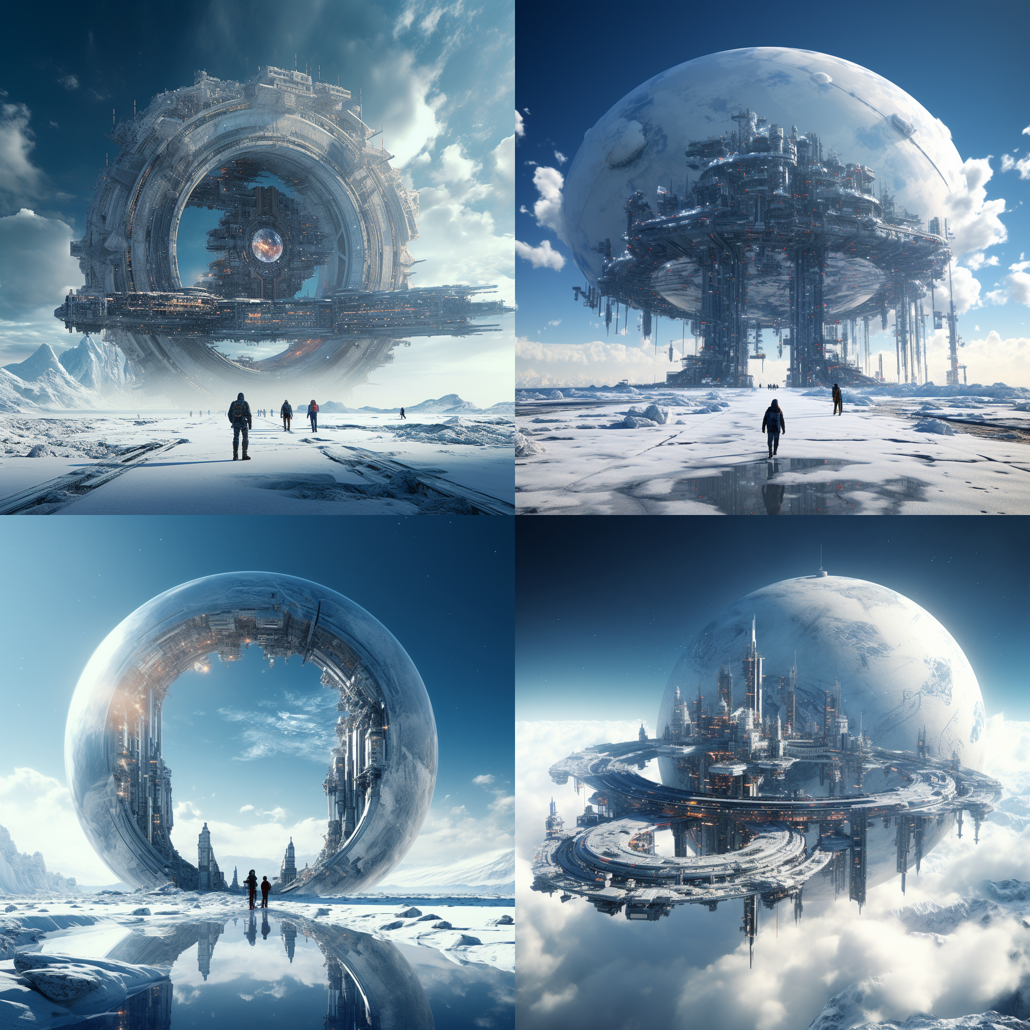 one image of an imaginary scene around a spaceship, in the style of dmitry vishnevsky, interlocking structures, marcin sobas, realistic detailing, crystalcore, infinity nets, transportcore
