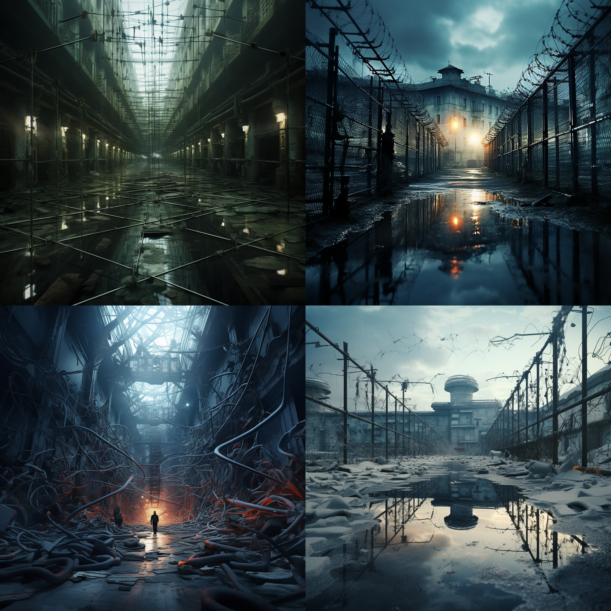 one image of an imaginary scene around a prison, in the style of dmitry vishnevsky, interlocking structures, marcin sobas, realistic detailing, crystalcore, infinity nets, transportcore