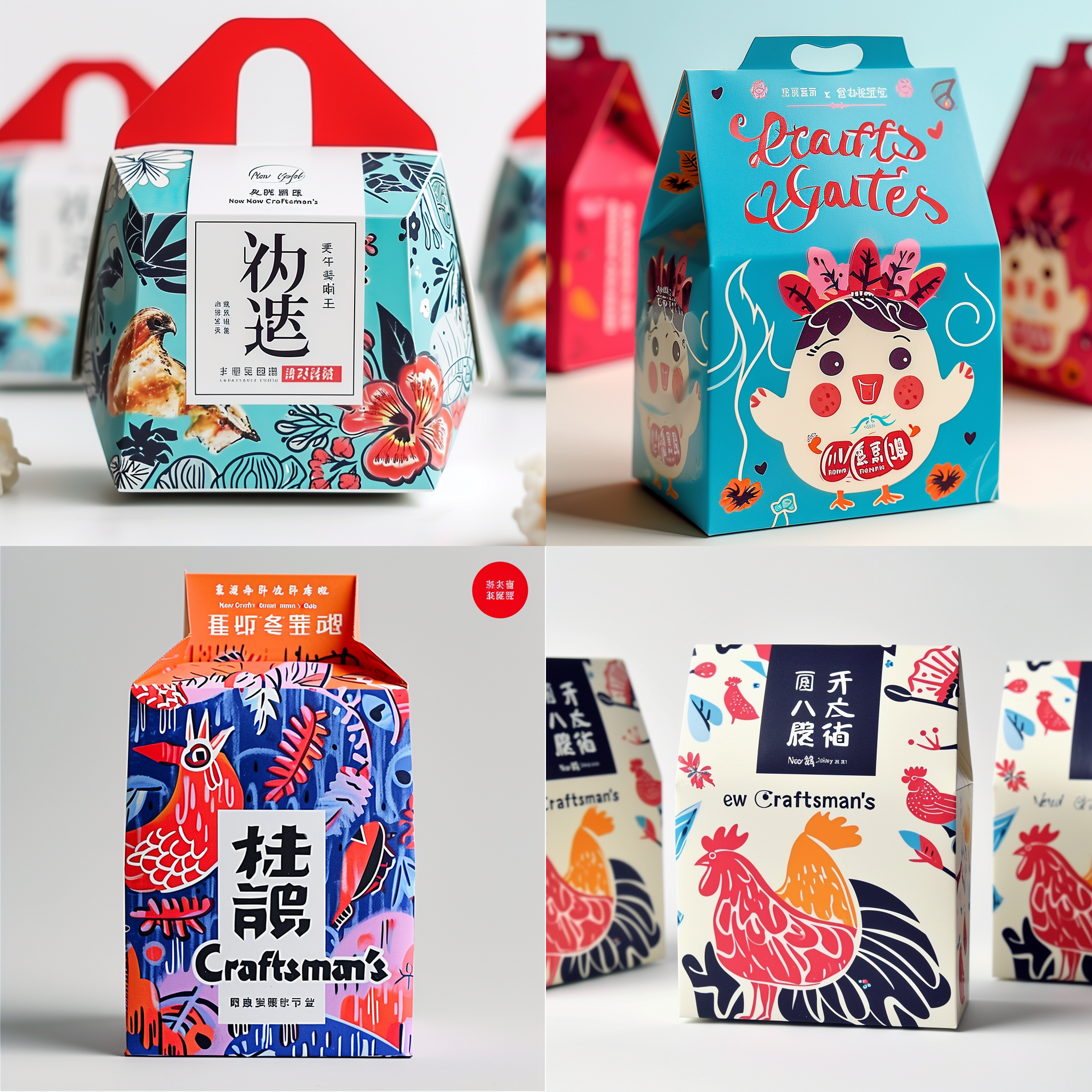 异形的彩色打包盒，用来装鸡肉，看起来很新颖，材质高级感比较强，图案吸引眼球，颜色搭配红色和蓝色，包装上印有新匠门字样