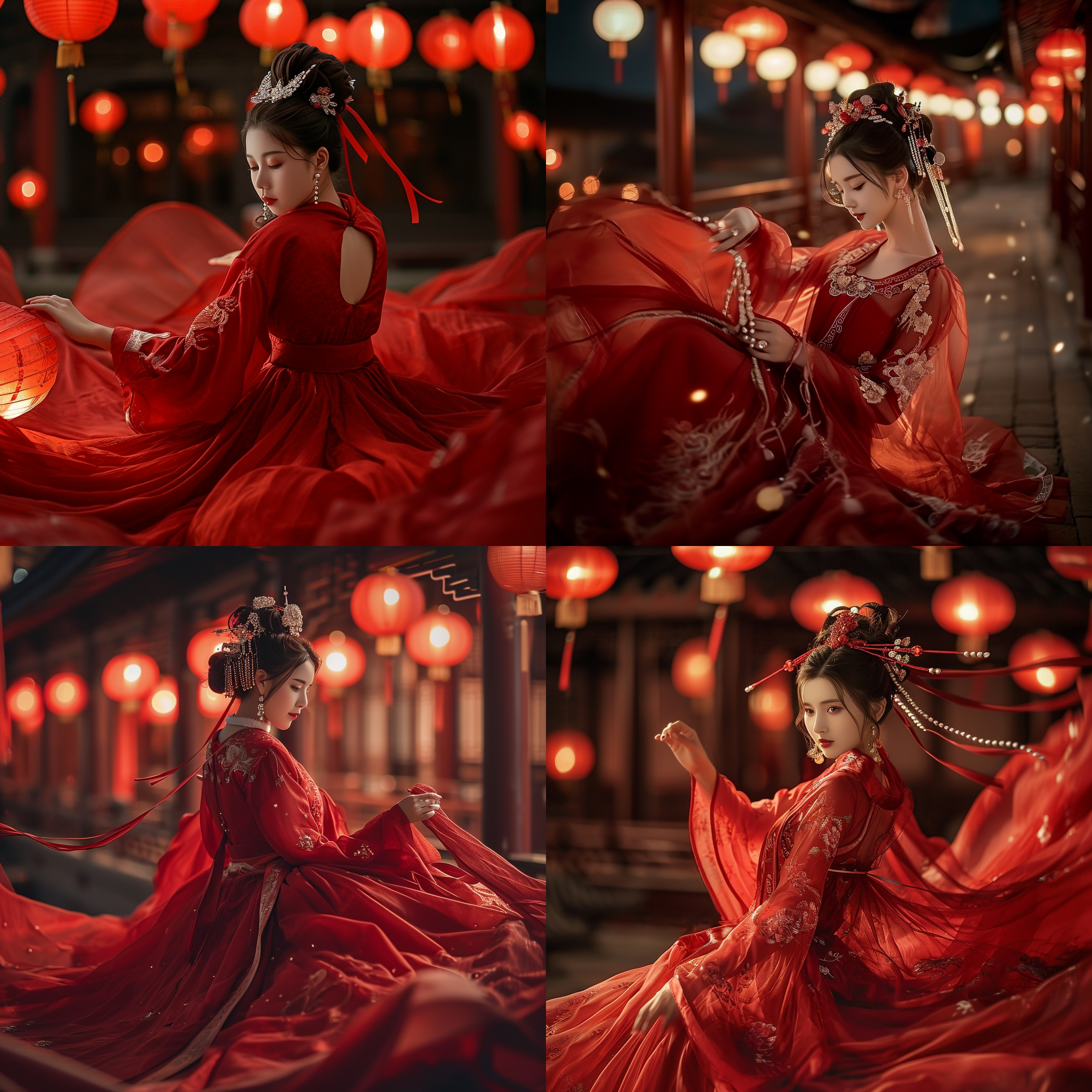 古装风格，飘逸的红色汉服，夸张飞舞，18岁女孩，头发高高盘起，珠钗华丽，坐在蒲团上，裙子铺满地面，裙子边缘清晰可见 飘带飞舞，极尽奢华 ，景深，背景高高的中式楼阁背景，夜景，高高的红灯笼，逼真的画面，真实的场景，华丽的场景，奢华的场景，长焦镜头，柔光，动态姿势，细节丰富，红色主调，古典氛围