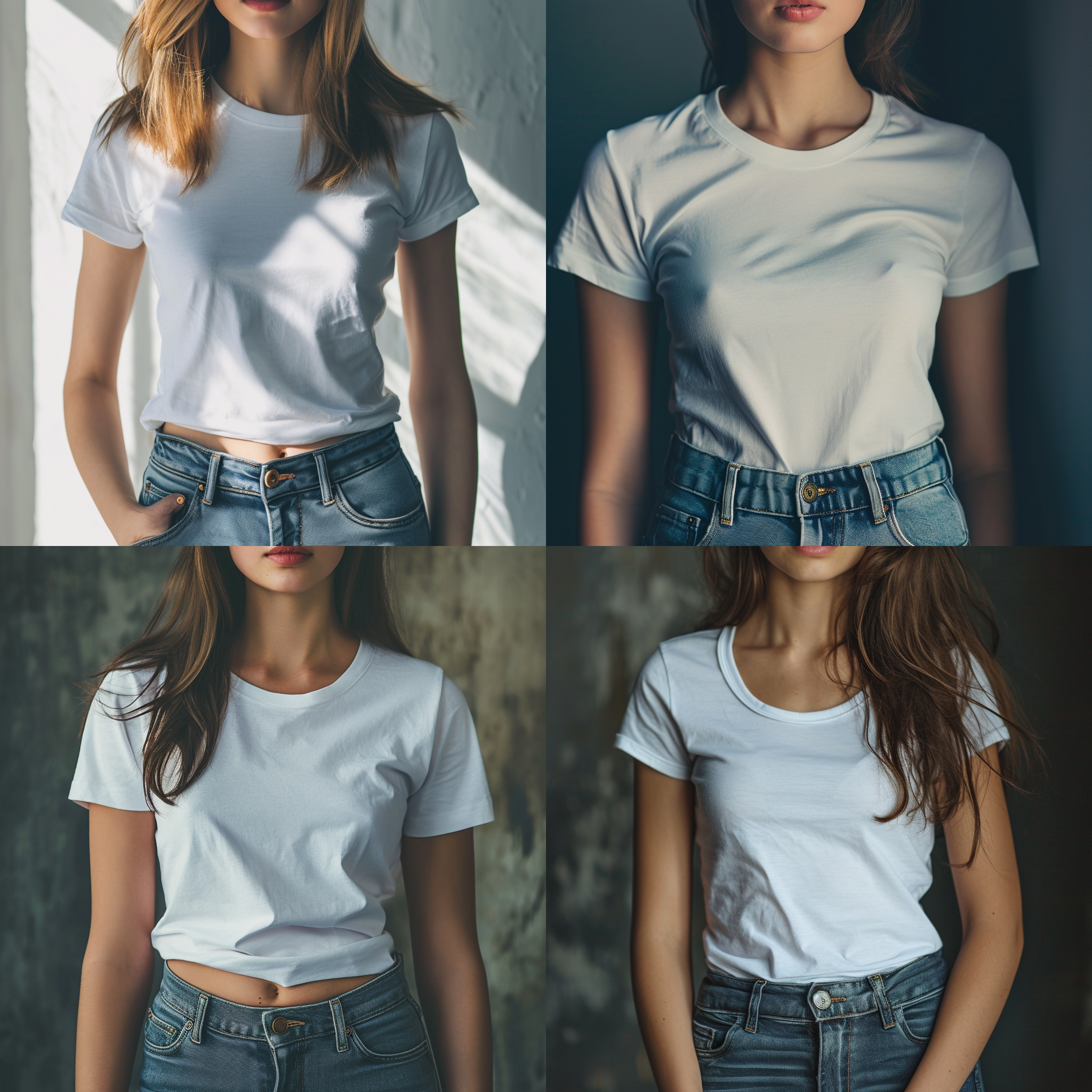 年轻女性，170厘米，白色棉质短袖t恤，修身牛仔裤，正面光 特写 半身 对称构图