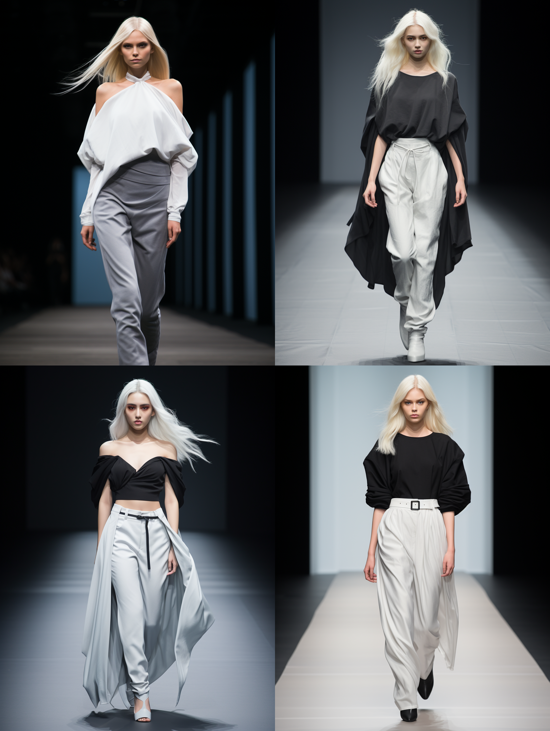 白色头发的女模特，优雅的妆容，黑灰色服饰，棉与丝绸服装，宽松，不规则的对称设计，强调线条和形状的美感，同时注重舒适性和实用性，追求简约，自然，朴素和内敛的风格，画面呈现模特的全身，时装秀作品，摄影效果非常真实 聚光灯