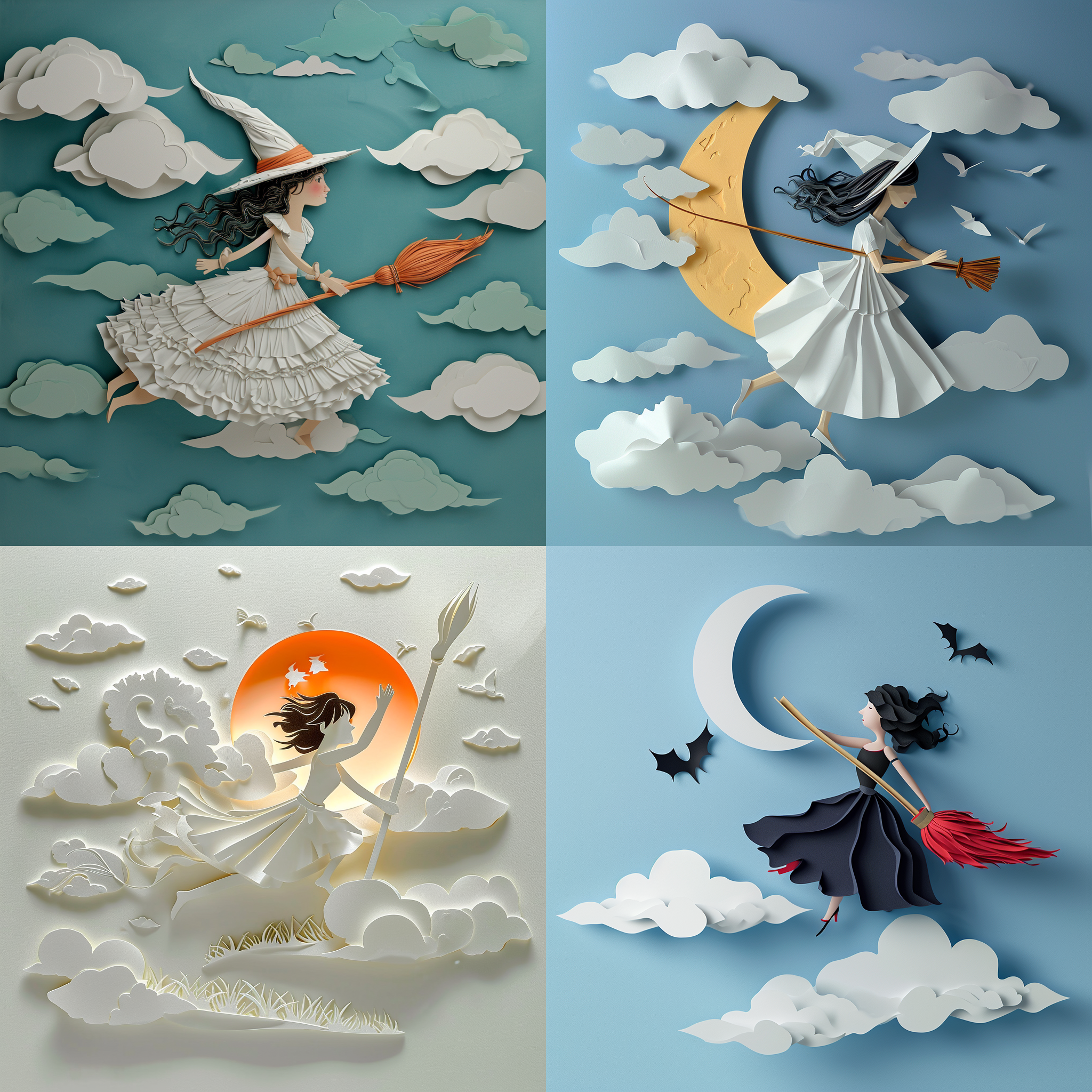 骑着扫帚的女孩在天空上飞行，分层纸质艺术，背景干净