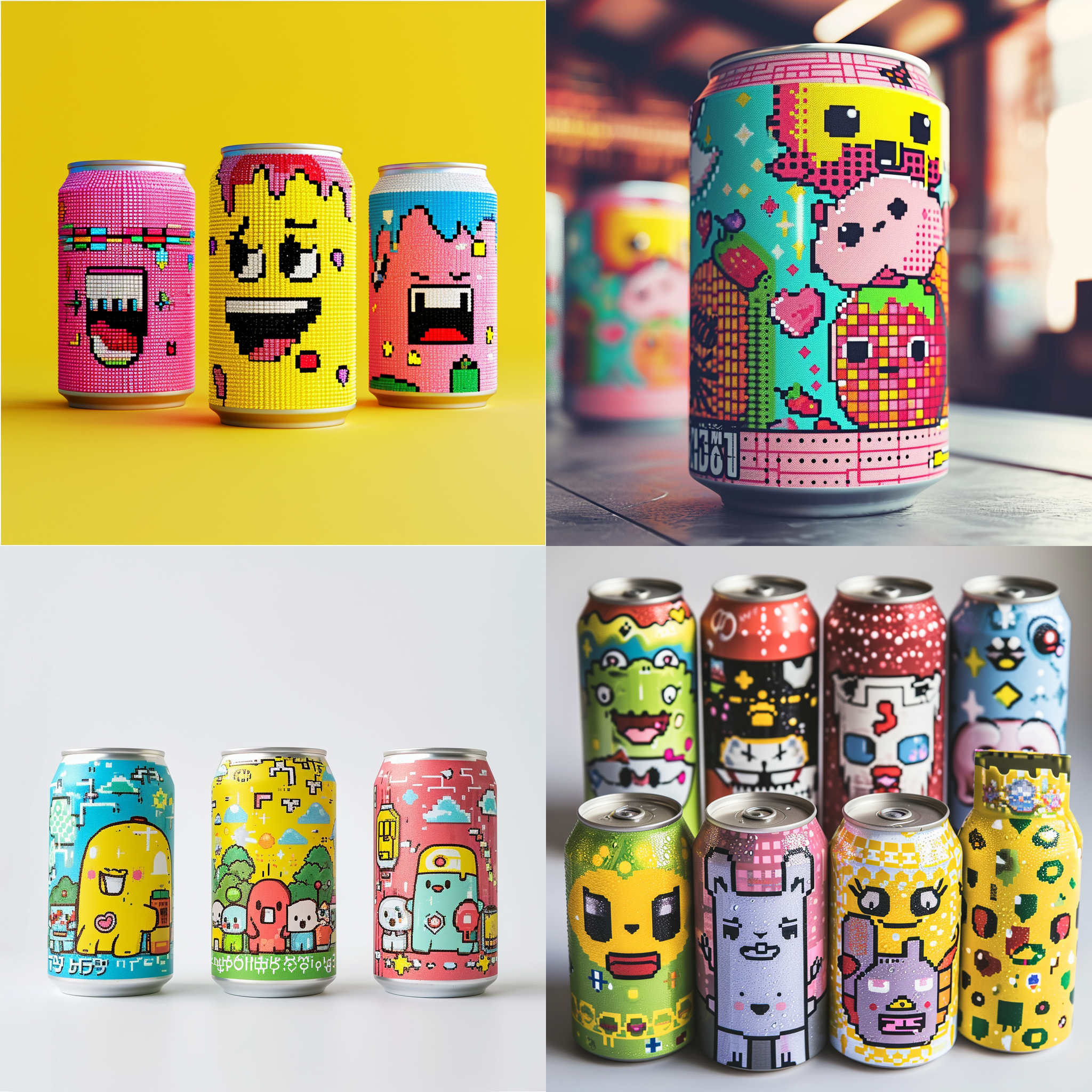 像素艺术风格的饮料包装，具有可爱和古怪的像素字符，鲜艳的色彩，8位图形，复古的视频游戏的感觉