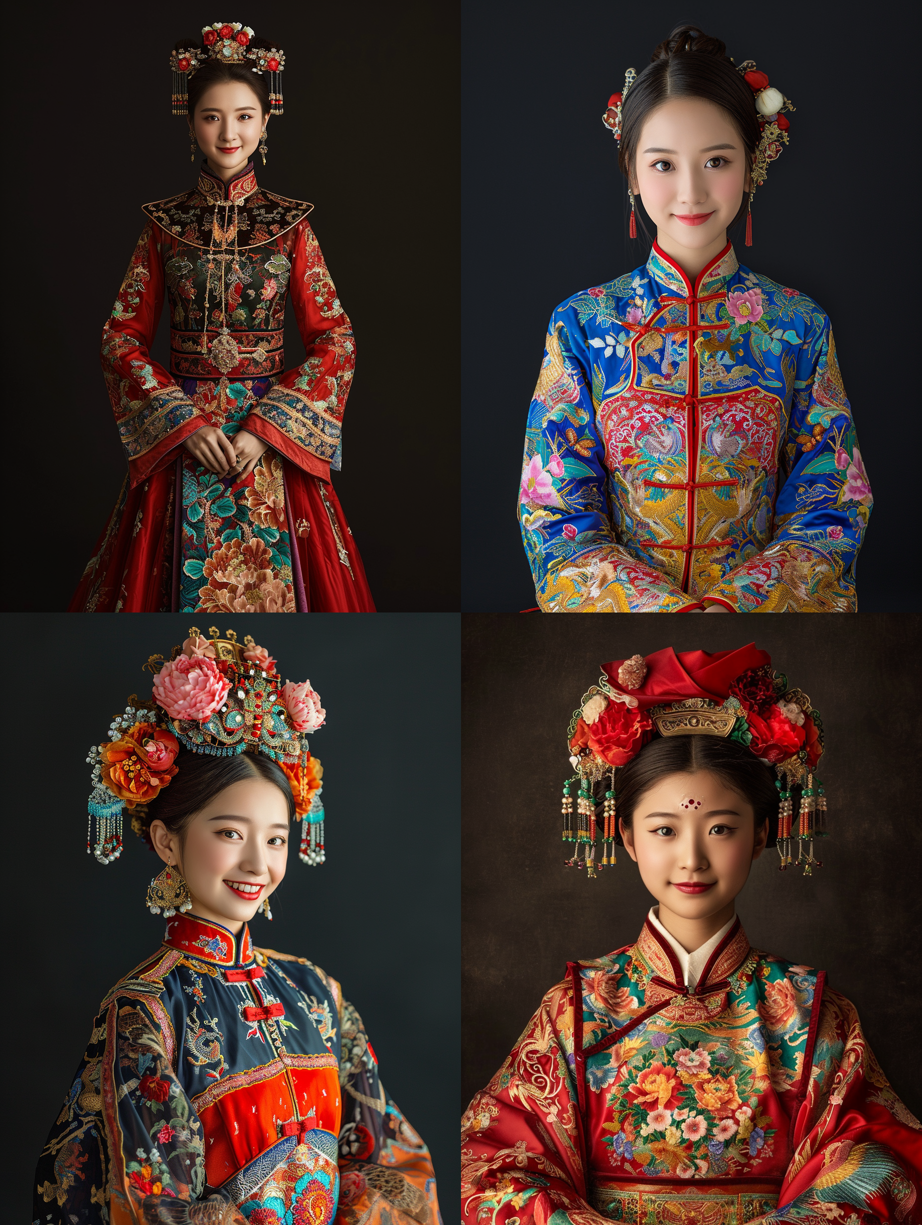 微笑的的25岁中国漂亮女孩，穿着古代清朝服饰，渐变黑色背景，全身，细节丰富，色彩鲜艳，脸部表情自然，传统气息，自信，优雅 超现实主义 居中构图 工作室照明 伦勃朗光