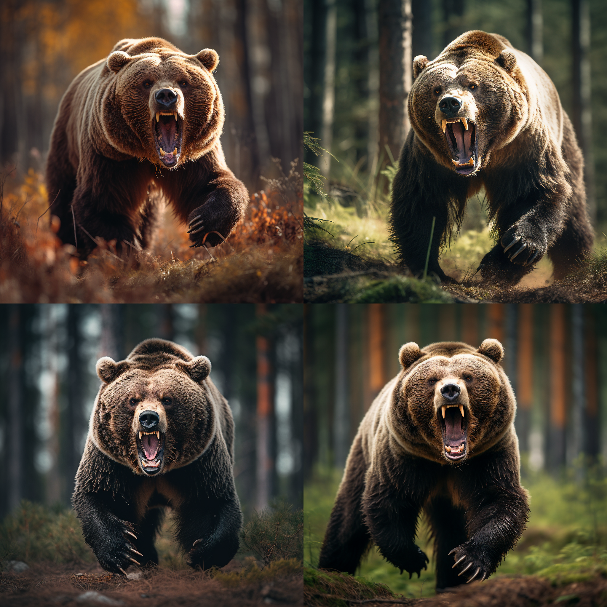 狂爆的棕熊，直立在草地上，背景是茂密的森林。高对比度，饱满色彩，近镜头，侧光，戏剧效果，细节丰富，肌肉线条，张开嘴巴，震天咆哮。