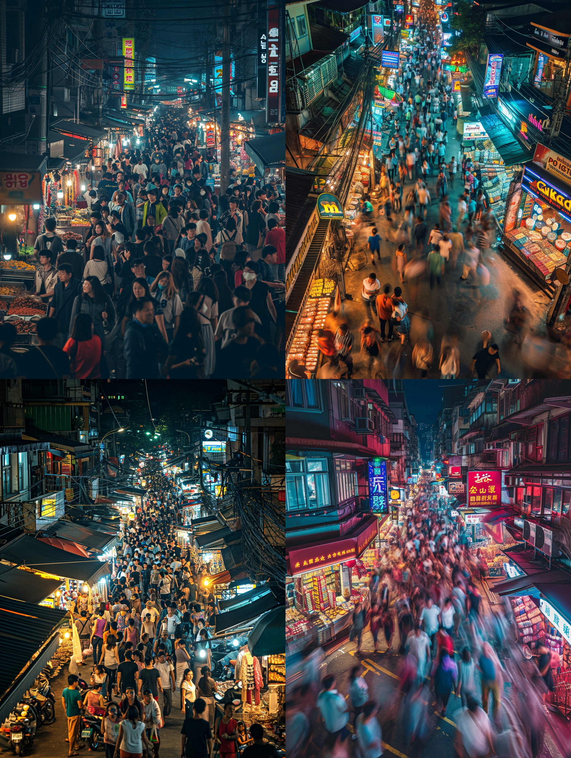 抢摊登陆，夜晚市场，繁忙街道，闪光灯，广角镜头，高动态范围，拥挤人群，霓虹灯，喧闹氛围，快速快门，夜景，兴奋。