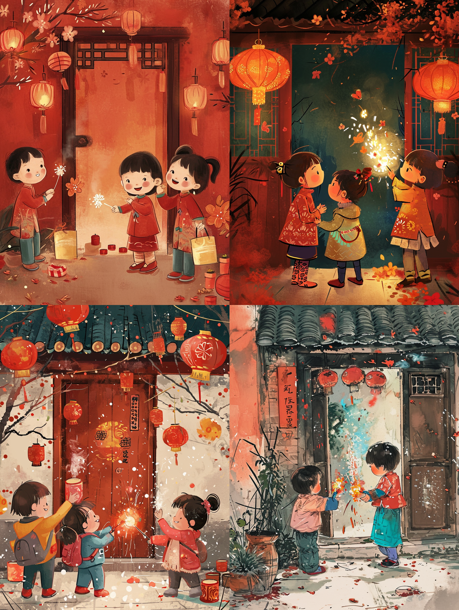 春节到了，小孩子在门口放鞭炮贴对联 动画艺术