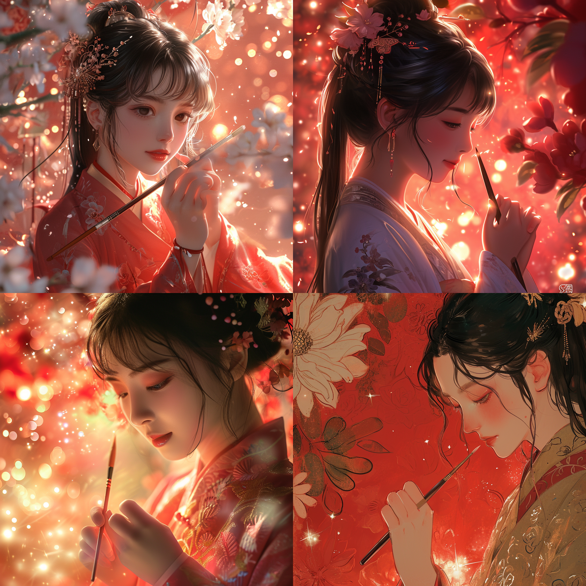 宫崎骏漫画风格，龙年除夕，汉服少女，手持毛笔，写福字，近景，鲜花背景，星光闪闪，红色调，长焦镜头，柔光，细腻动作，喜悦。