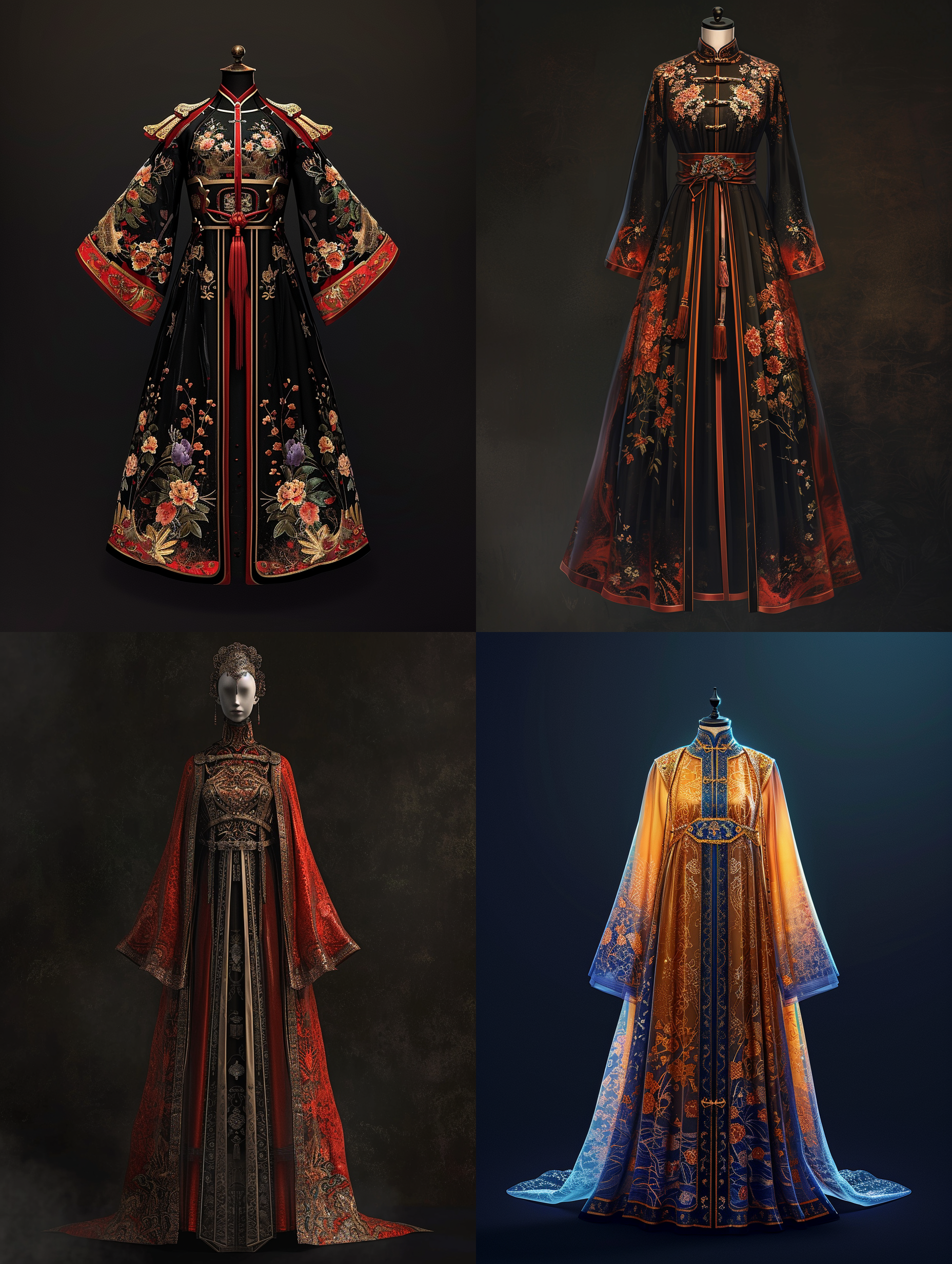 garment technical drawing,ancient china qing dynasty dress,studio,gradient dark background,front view,symmetric,rembrandt lighting,ulrta realistic
