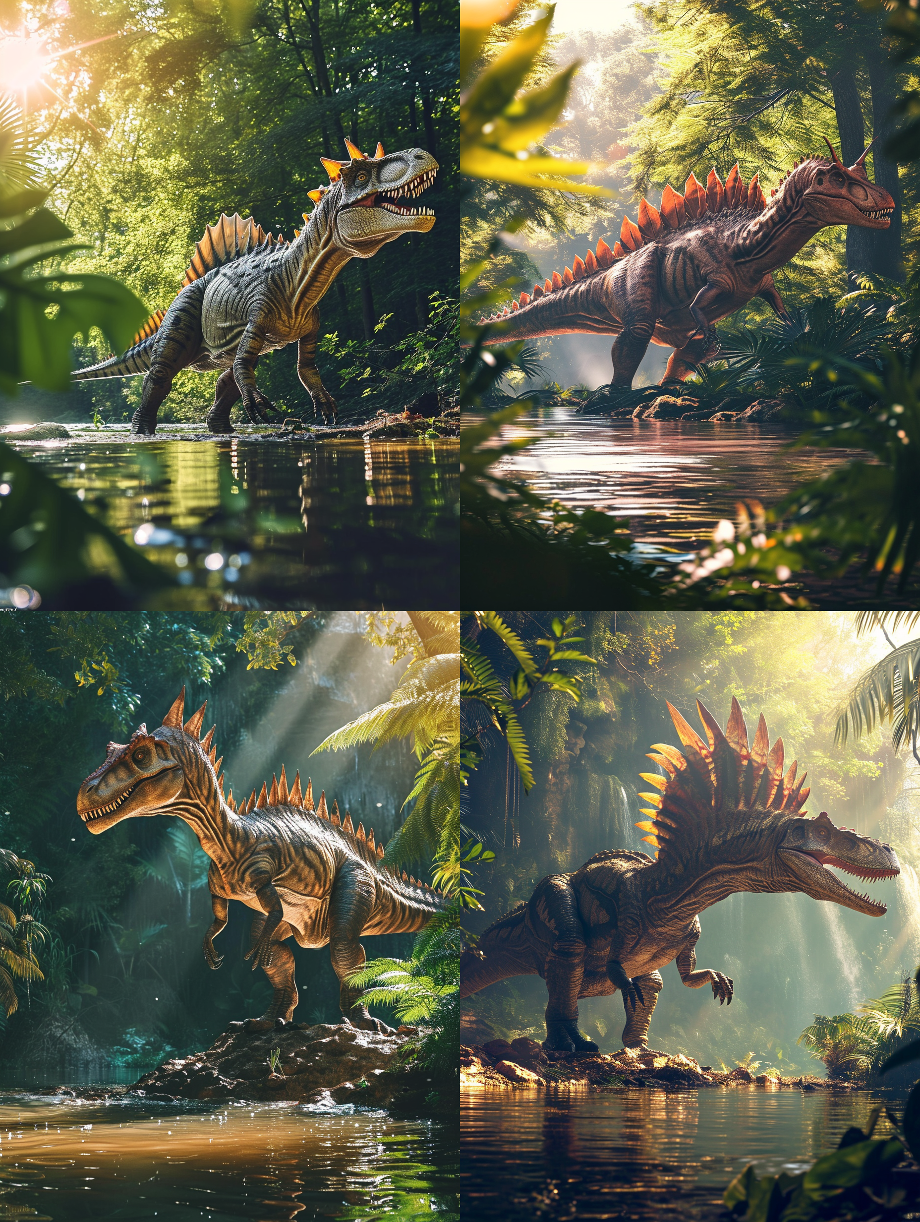 侏罗纪spinosaurus，巨大的食肉恐龙，站在河边。图像以横向布局为主，显示了恐龙的完整身体和细节。使用远景镜头捕捉到周围茂密的丛林和流动的河水。照片采用饱和度高的色彩，以突出恐龙的威严和力量感。阳光透过树叶间的缝隙洒在恐龙身上，形成柔和的侧光效果。景深浅，凸显了恐龙的锋利牙齿和鳞片。 prompt: spinosaurus在河边，横向布局，远景镜头，饱和度高，侧光，力量感，恐怖，远古。