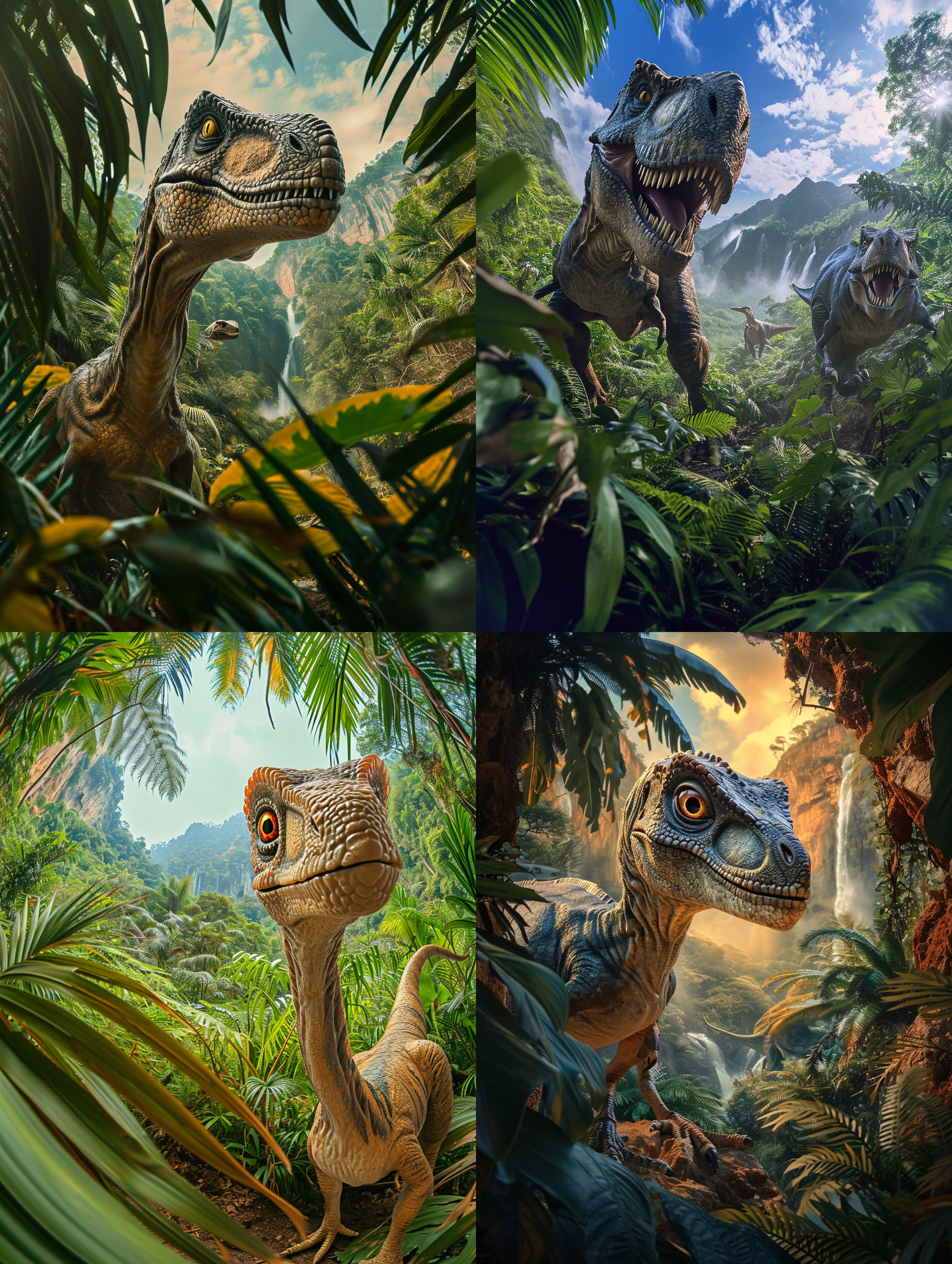 侏罗纪时期的猛龙站在翠绿的丛林中。构图对称，远景呈现广阔的山脉和瀑布，近景突出恐龙的威慑力。使用鱼眼镜头，高动态范围，逆光，丰富细节，凶猛的表情，唤起敬畏和恐惧。猛龙，丛林，侏罗纪，对称，广角镜头，高动态范围，逆光，细节，表情，敬畏，恐惧。