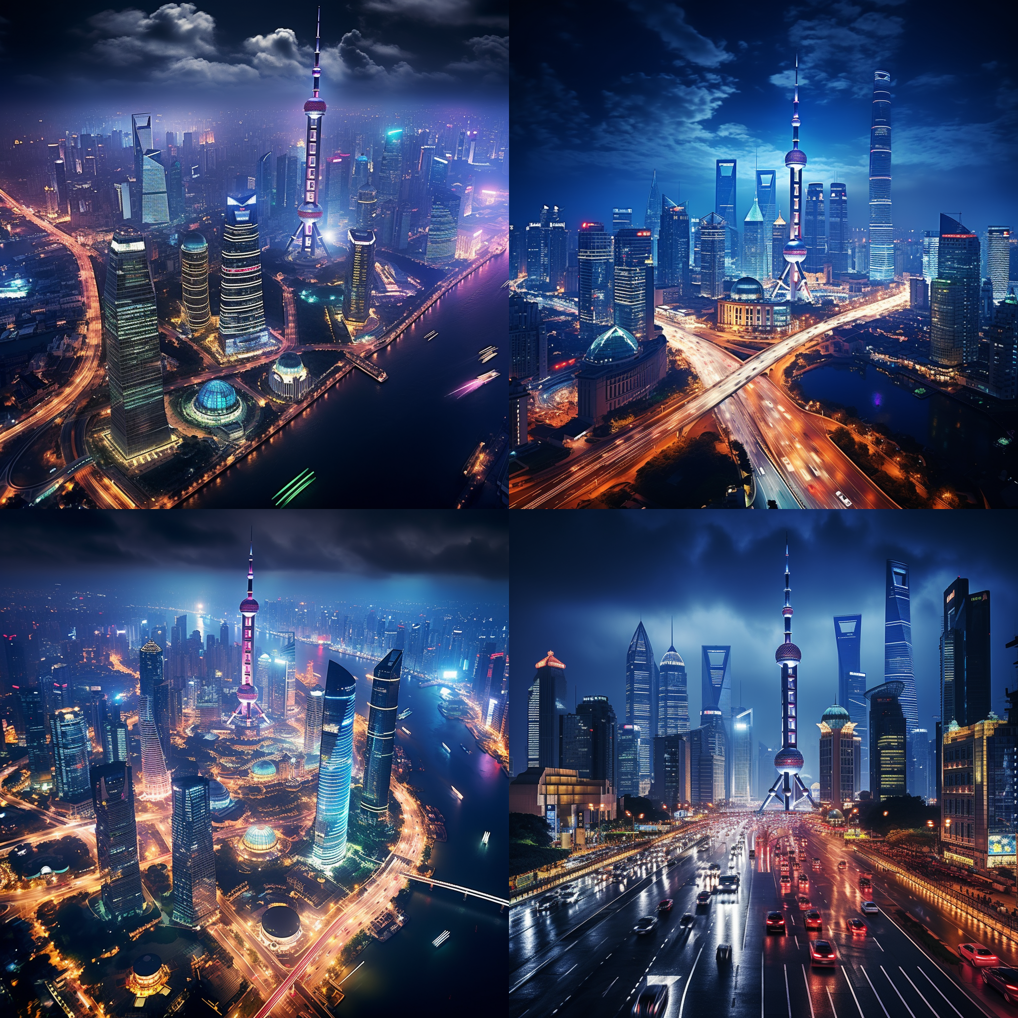 上海，陆家嘴，上海中心，上海金茂大厦，上海环球金融中心，巨大的摩天大楼，夜景，城市繁忙，现代化，高楼林立，霓虹灯，流动的车流，闪耀的灯光，璀璨夺目，城市之光，繁华都市，震撼人心。