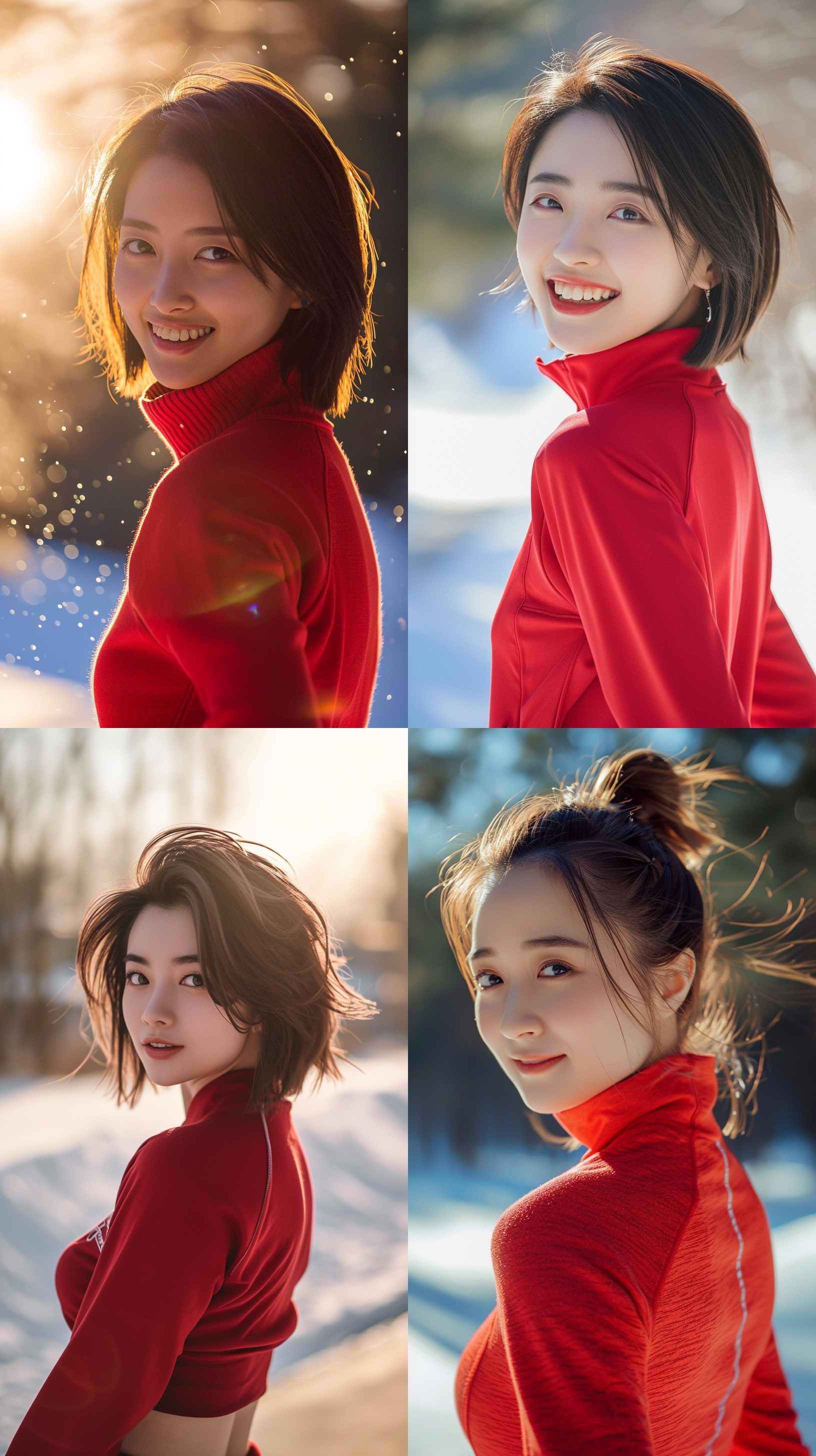 中国漂亮女性，回头微笑，大眼睛，短发，酒窝，穿红色运动服，冬天雪景，长镜头大光圈，背景虚化，室外，午后暖阳，精致五官