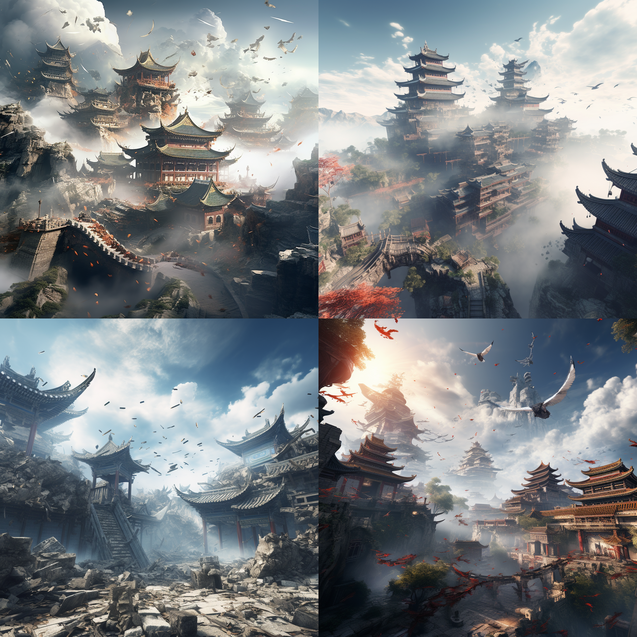 ancient chinese buildings floating in the sky, crumbling palaces, shattered palaces, floating debris, above the clouds, chinese mythology, the background is the sky,ray tracing, uhd, high details, super detail, best quality,