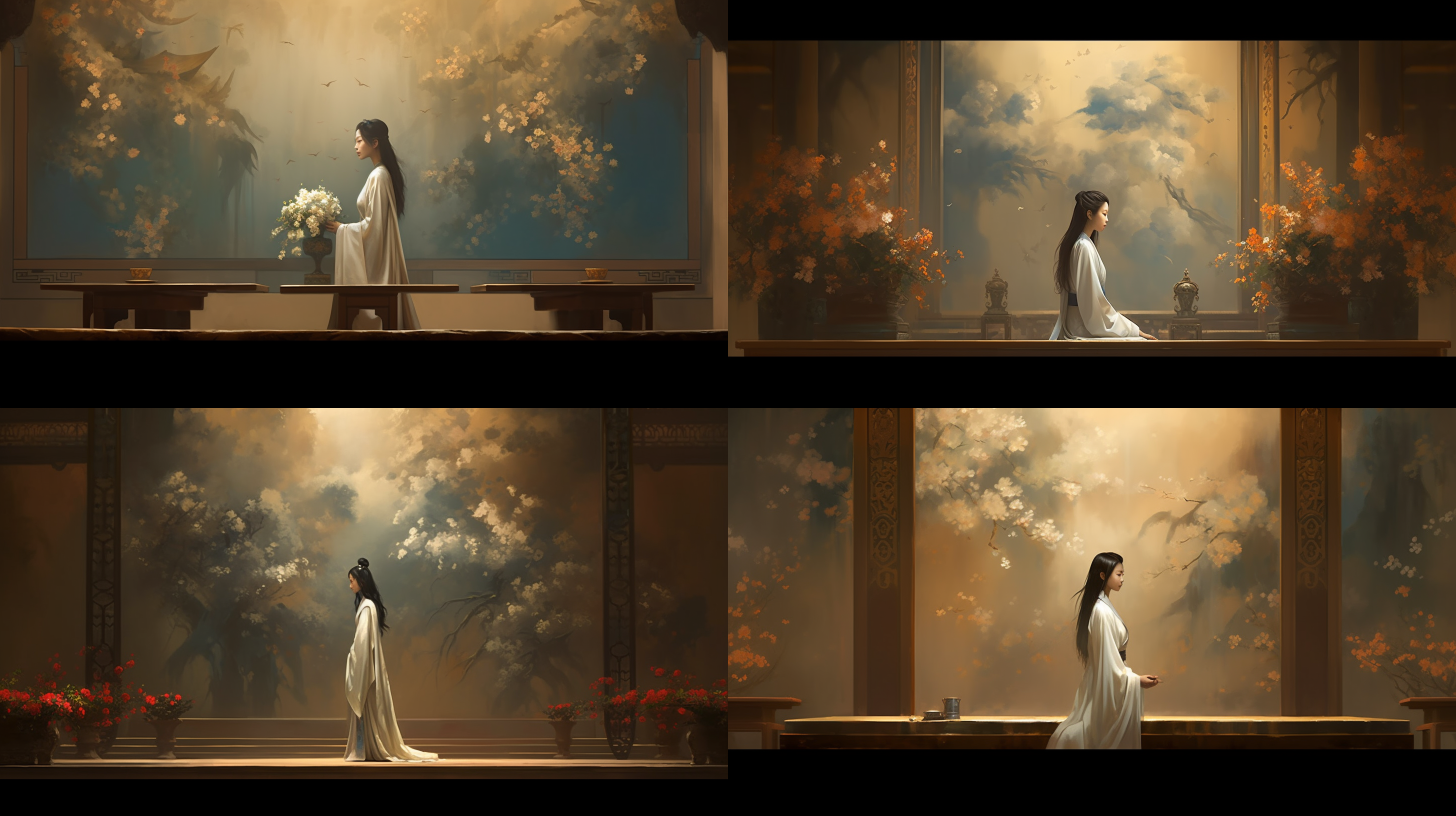 中国古代长发美女，站在室内，背景是巨幅工笔花卉墙 宽景 环境光 古代中式 油画