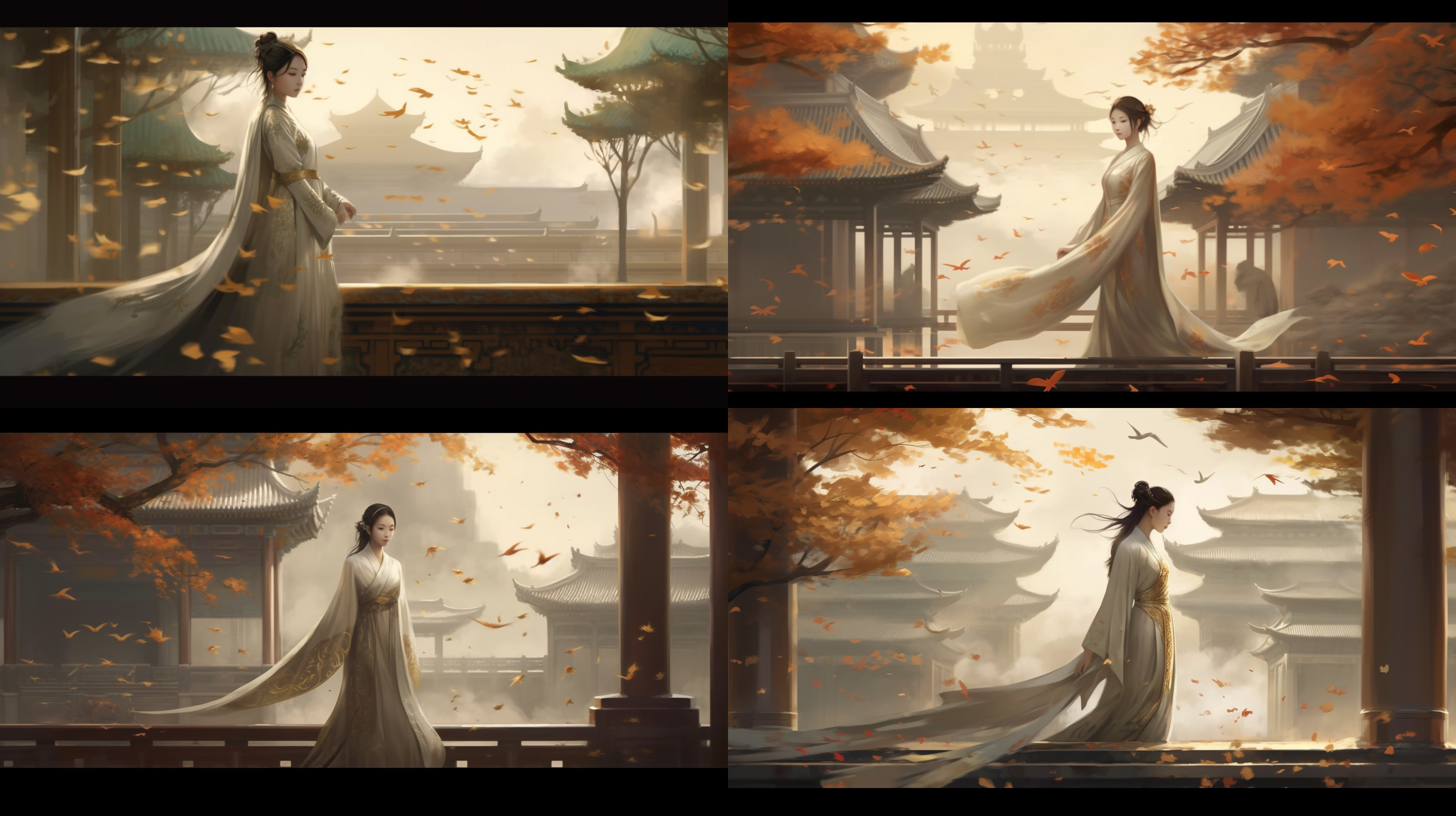 中国古代长发公主，拖着长裙摆，背景是中国古代宫殿，花树 全身 并列构图