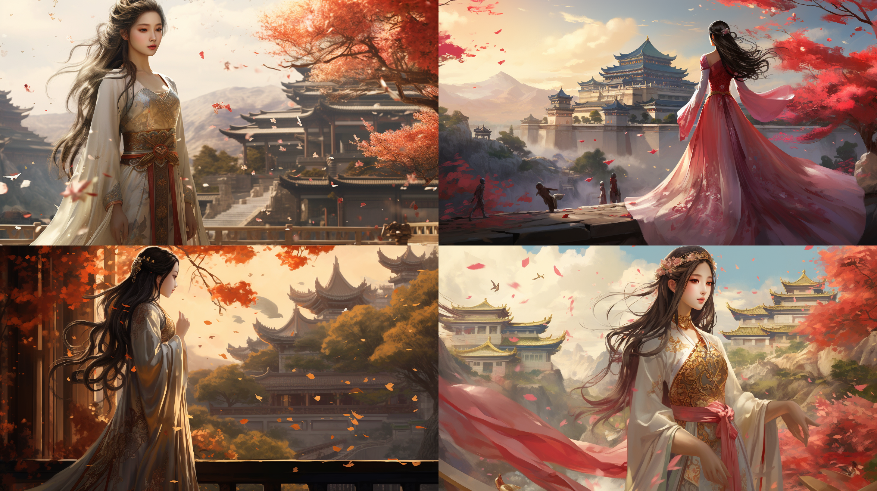 中国古代长发公主，拖着长裙摆，背景是中国古代宫殿，花树 全身 并列构图