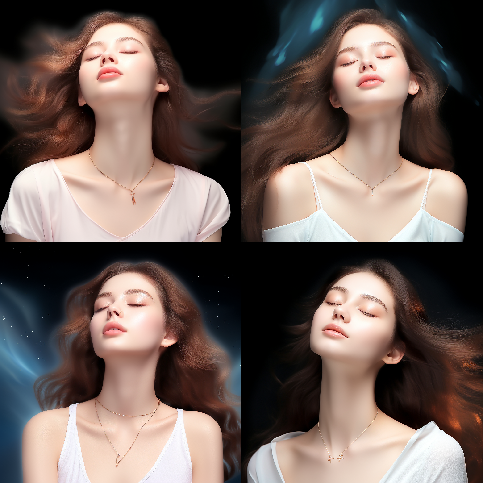 一个美丽的女人闭着眼睛，仰头，精致的妆容，温柔的微笑，飘逸的发丝，面部特写，白皙的皮肤，超级逼真