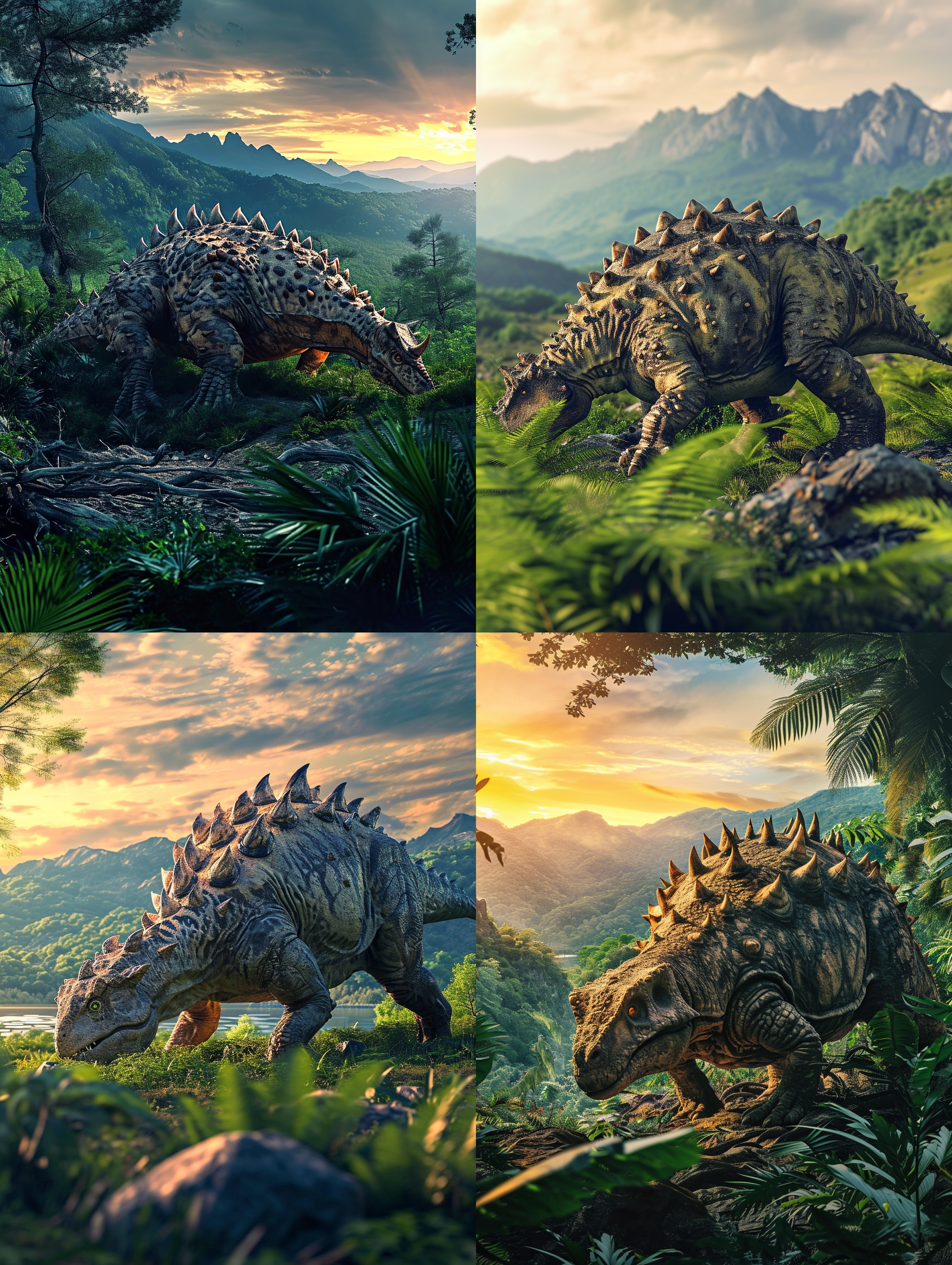 侏罗纪的场景中ankylosaurus，远景镜头，大气磅礴，绿色植被，山脉背景，黄昏光线，眼神锐利，霸气十足，防御姿态，恐龙群中，古老氛围，强烈对比度，令人惊叹。