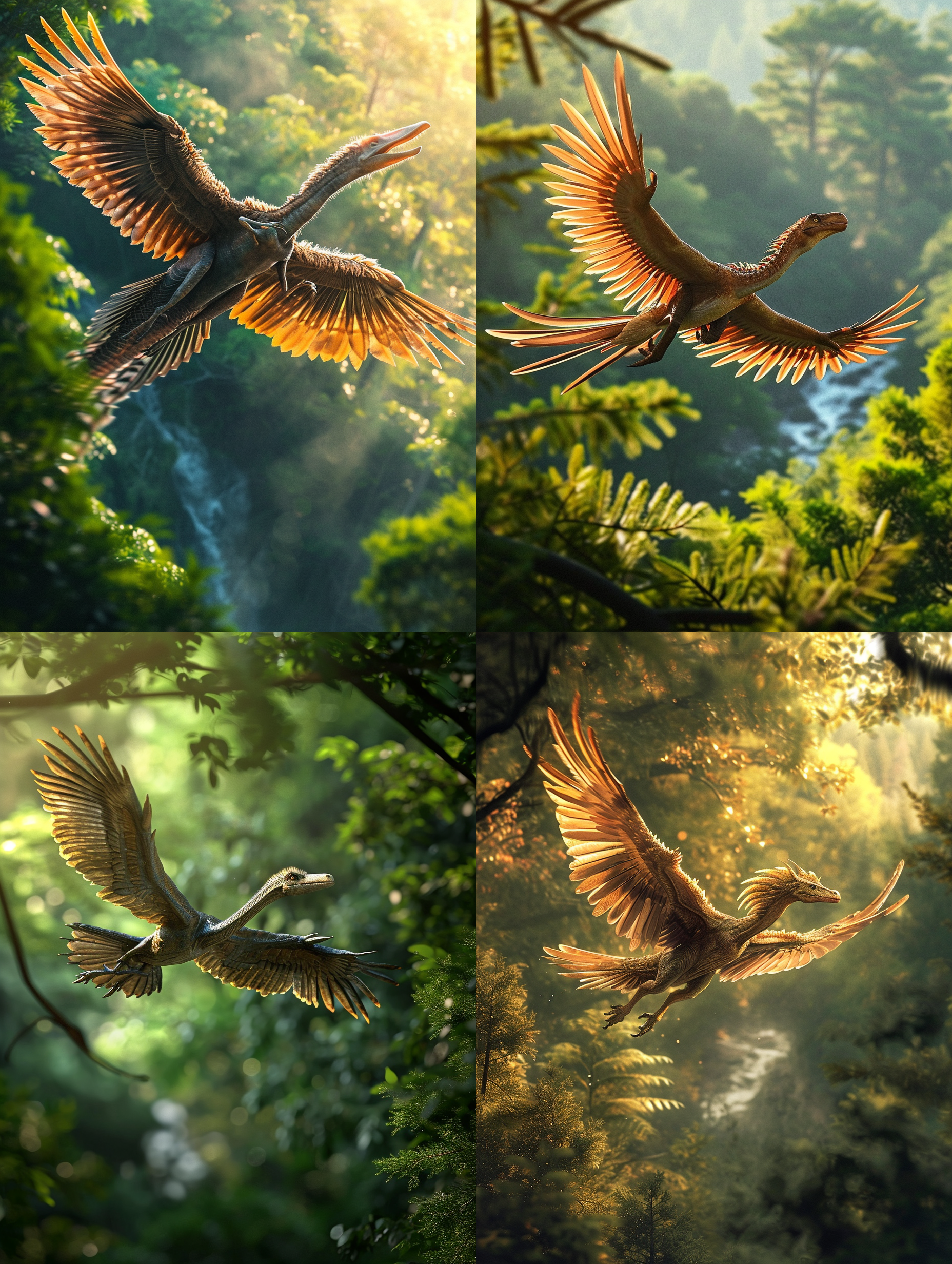 侏罗纪场景中的archaeopteryx，展翅飞翔。逆光拍摄，远景中有翠绿的树木和流淌的河流，大气壮观。清晰的焦点和细腻的纹理突出了恐龙的特征。暖色调和柔和的光线营造出古老而神秘的氛围。