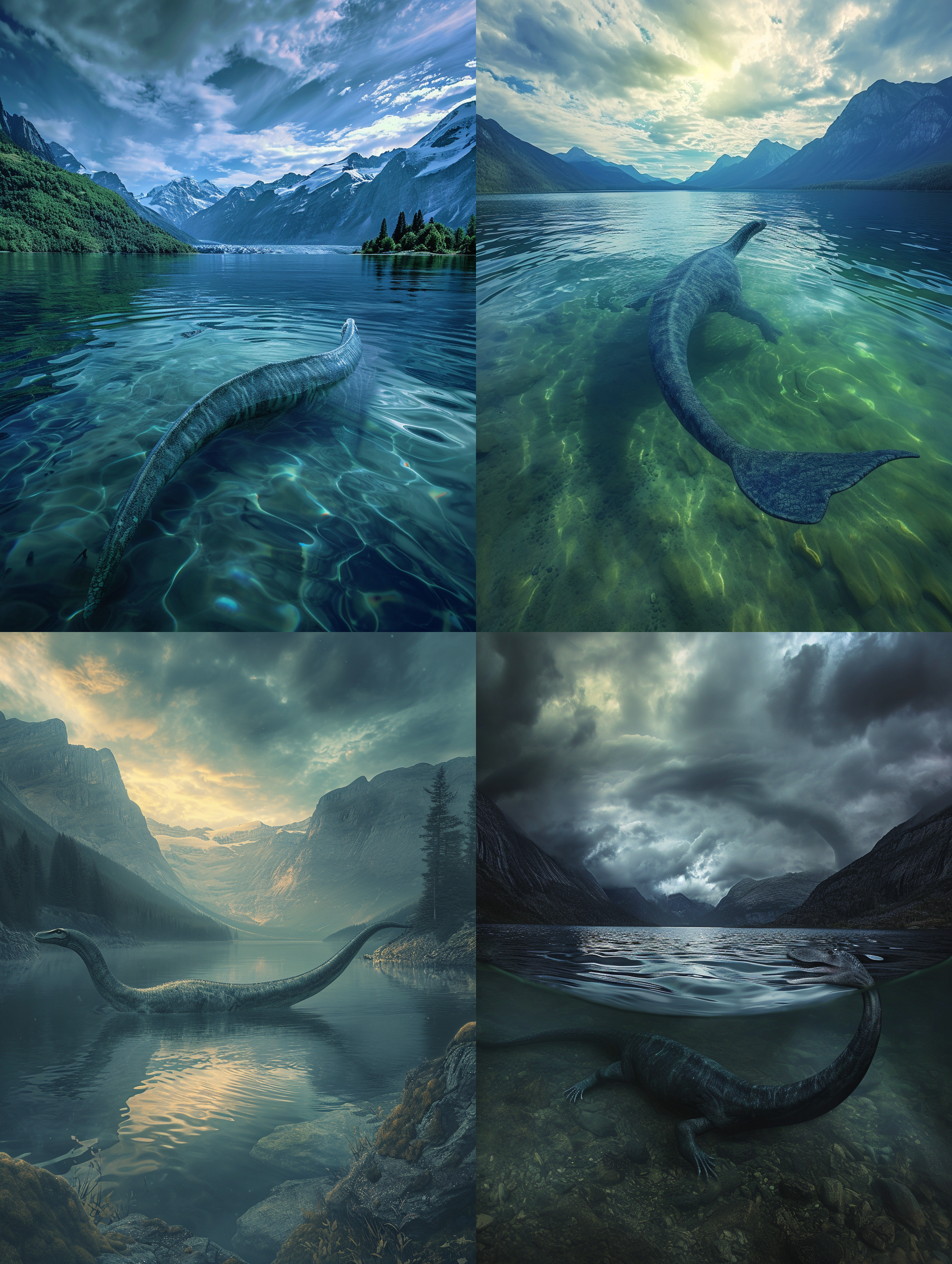 plesiosaurus在侏罗纪场景中，游弋在湖面上。图片呈现远景，展现了广阔的湖泊和周围的山脉。使用鱼眼镜头，强调了plesiosaurus的身体曲线。光线柔和，给整个场景增添了神秘感。色彩饱满且富有对比度，营造出古老而壮丽的氛围。