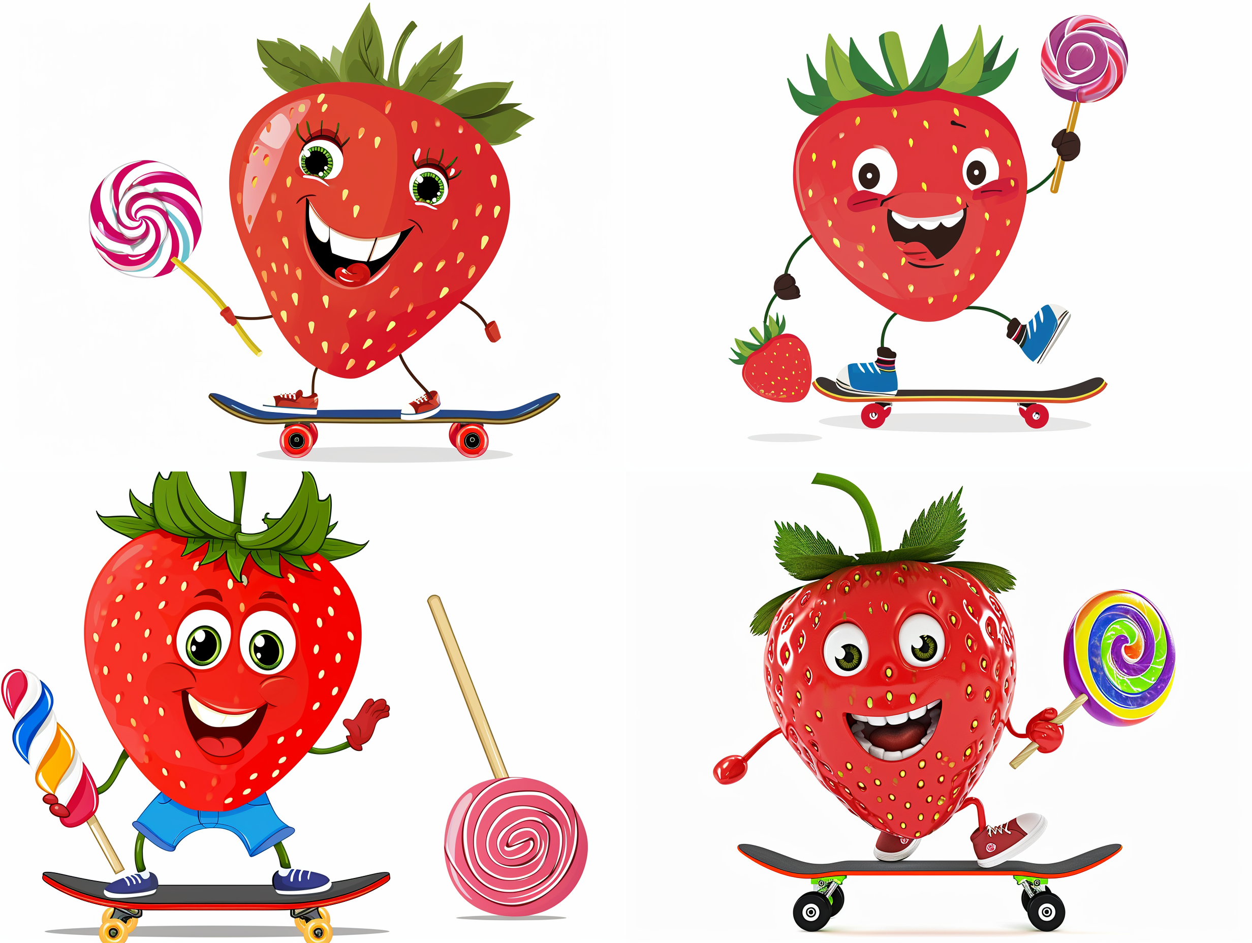 一颗开心的卡通草莓 ，微笑， 溜着滑板， 手里拿着一根棒棒糖，白色背景