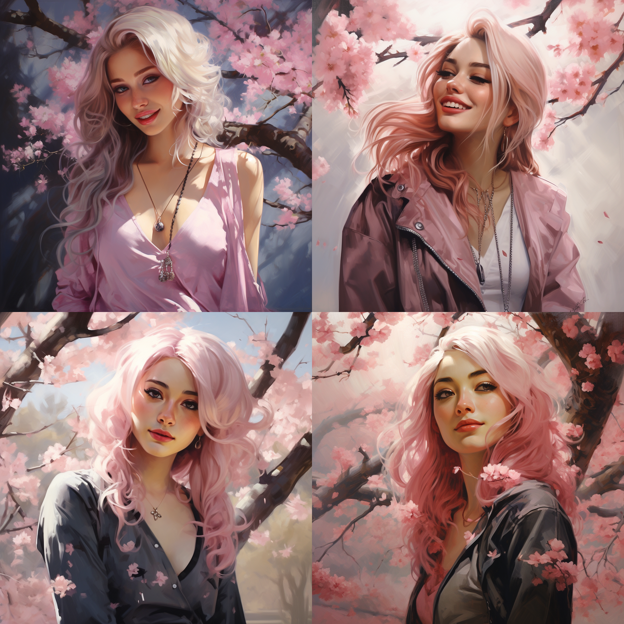 写实，绘画，女孩肖像，珠宝，浅浅的微笑，最好的质量，浅粉色的头发，樱花树背景