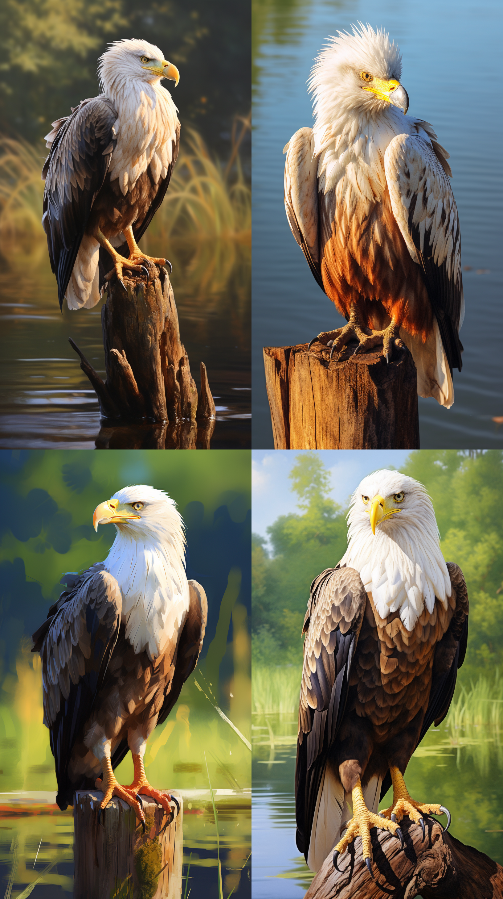 一只蹲在木桩上的白头海雕，水边有绿草地，精细头部毛发，早晨光线，油画效果