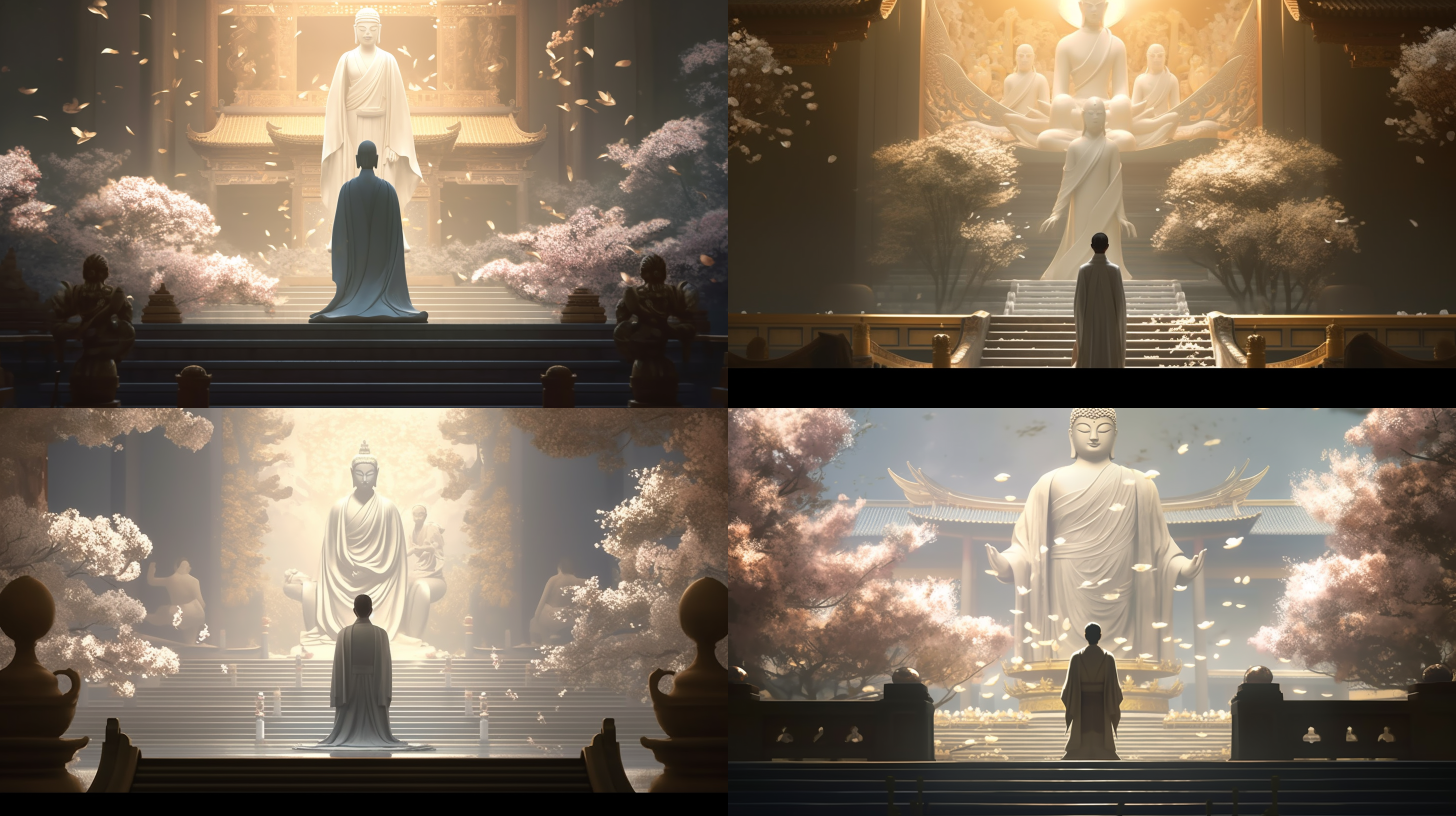 画面中间站着一个身材高大，中国古代的白衣男子，背景是巨大的白色佛像，两边有白色的花树， 第一人视角