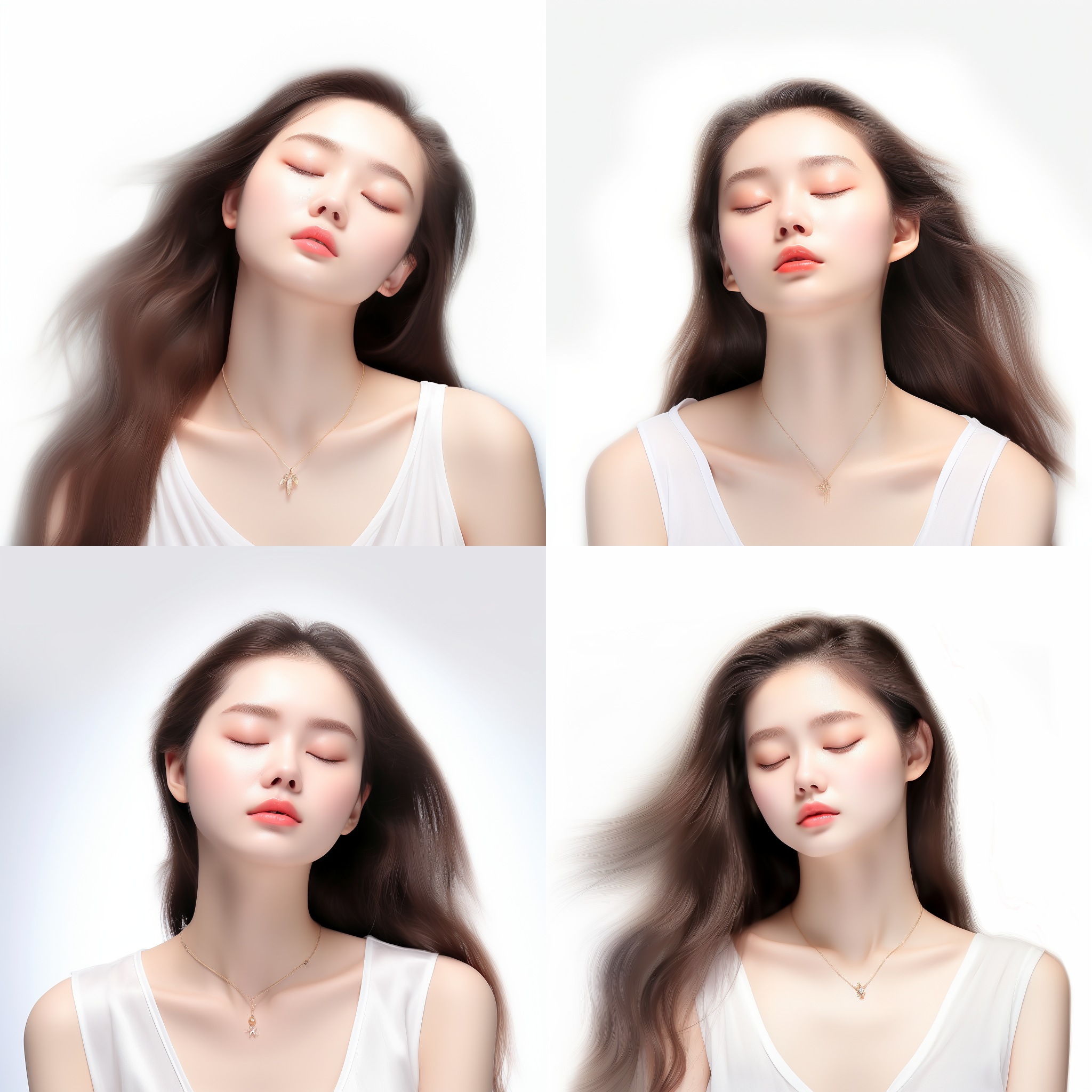 一个美丽的中国女人闭着眼睛，精致的妆容，温柔的微笑，飘逸的发丝，面部特写，白皙的皮肤，超级逼真，白色简洁的背景