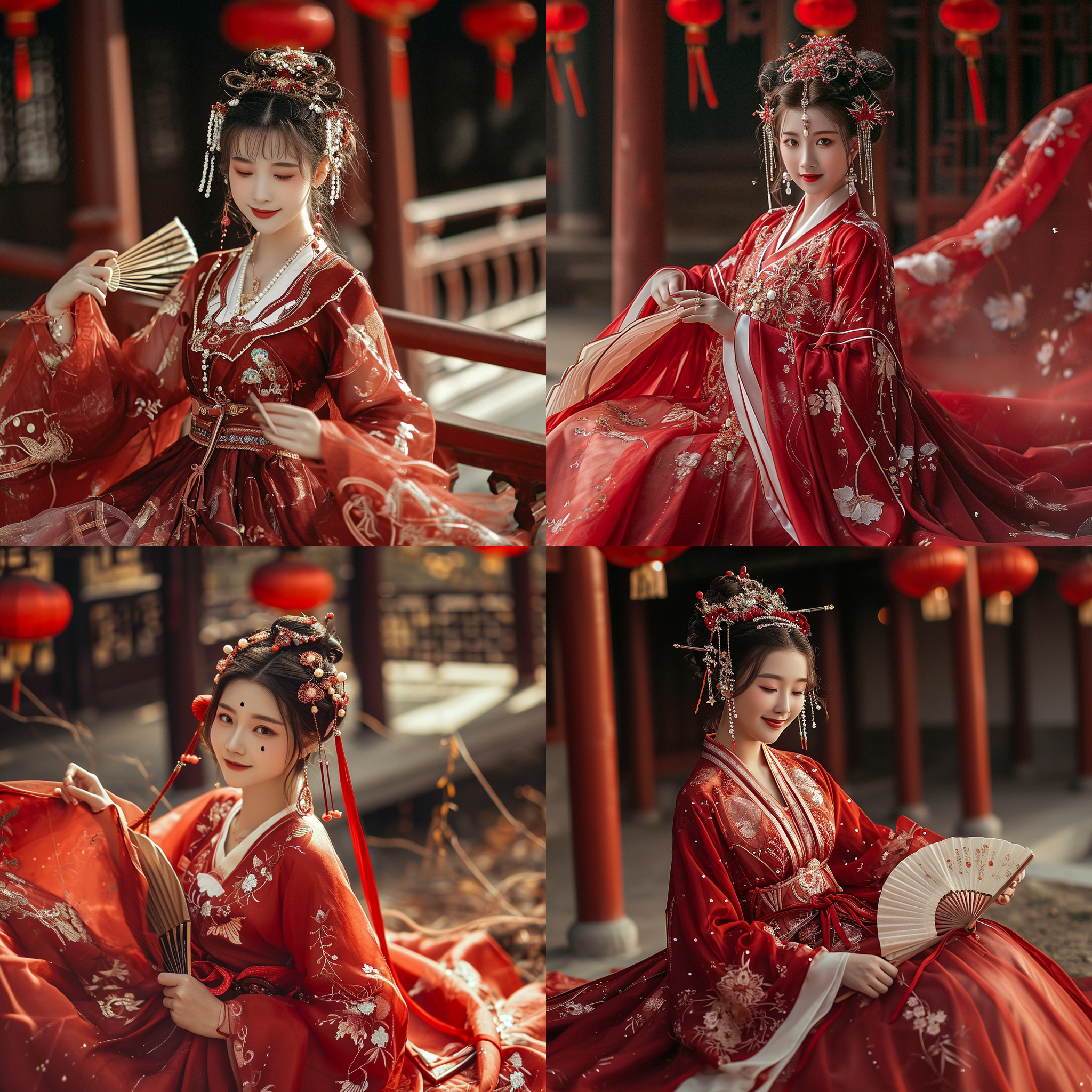 古装风格，飘逸的红色汉服，夸张奢华，18岁女孩，头发高高盘起，珠钗华丽，坐在蒲团上，正面看着前方微笑的表情，手里拿着扇子，裙子铺满地面，裙子边缘清晰可见 风吹着飘带飞舞，极尽奢华 ，景深，背景高高的中式楼阁背景，夜景，高高的红灯笼，逼真的画面，真实的场景，华丽的场景，奢华的场景，长焦镜头，柔光，动态姿势，细节丰富，红色主调，古典氛围