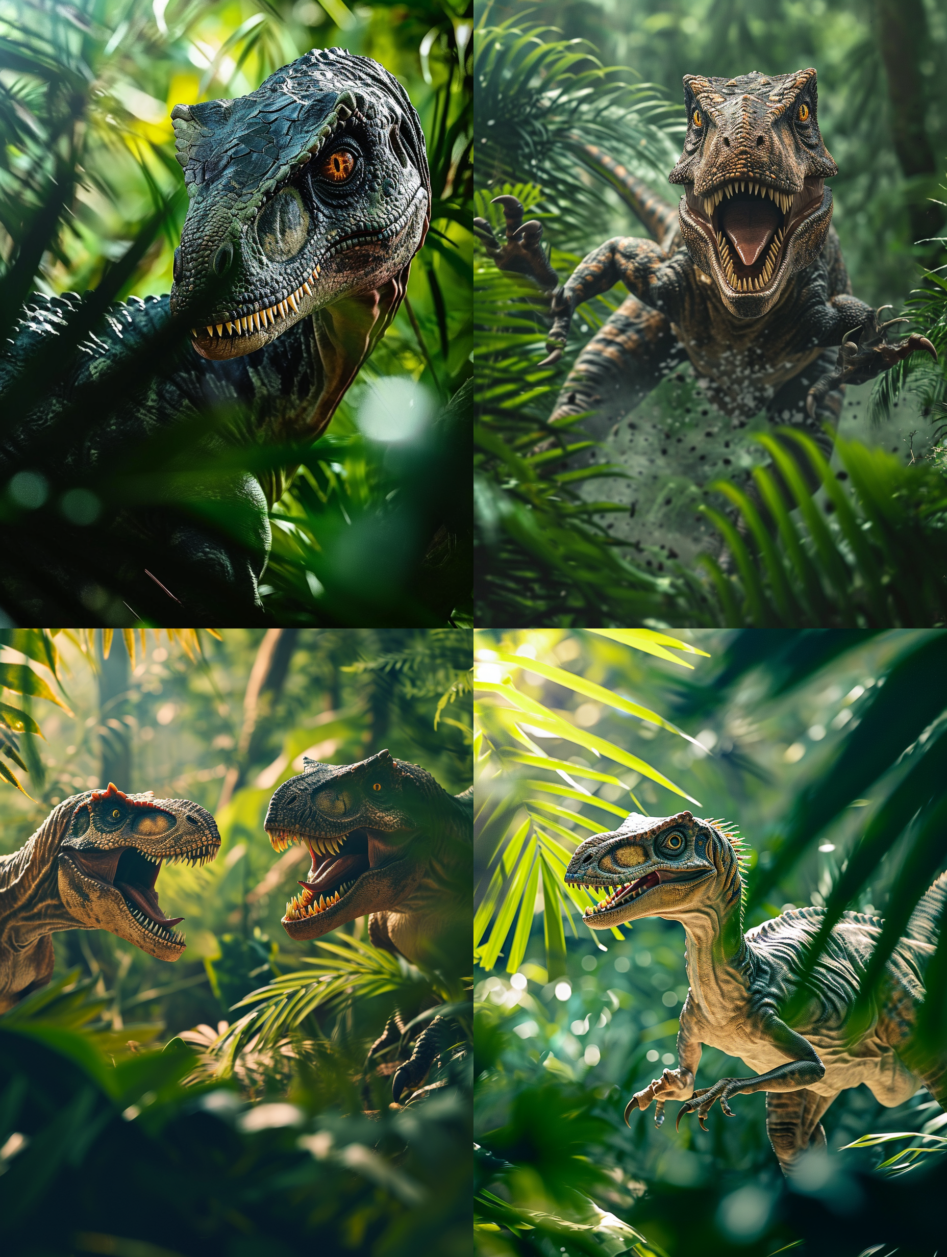 侏罗纪dromaeosauridae，猛禽恐龙在丛林中追捕猎物，近景特写，强烈对比度，绿色植被，长焦镜头，逆光，猛扑，张牙舞爪，震撼。