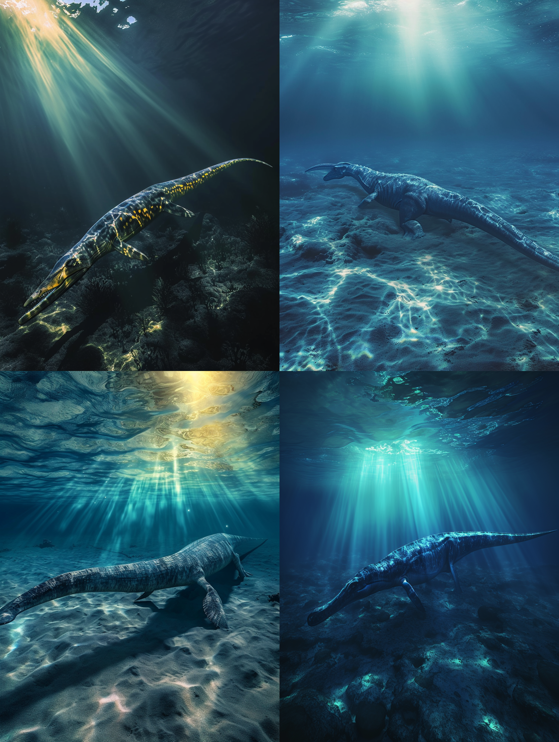 在侏罗纪场景中，一只巨大的elasmosaurus在海底游动。照片以对角线布局呈现，将整个身体延伸到画面的一侧。使用广角镜头捕捉到细节丰富的环境，展现出生动的色彩和纹理。光线从水面透射而下，照亮了elasmosaurus的身躯，营造出神秘而壮观的氛围。