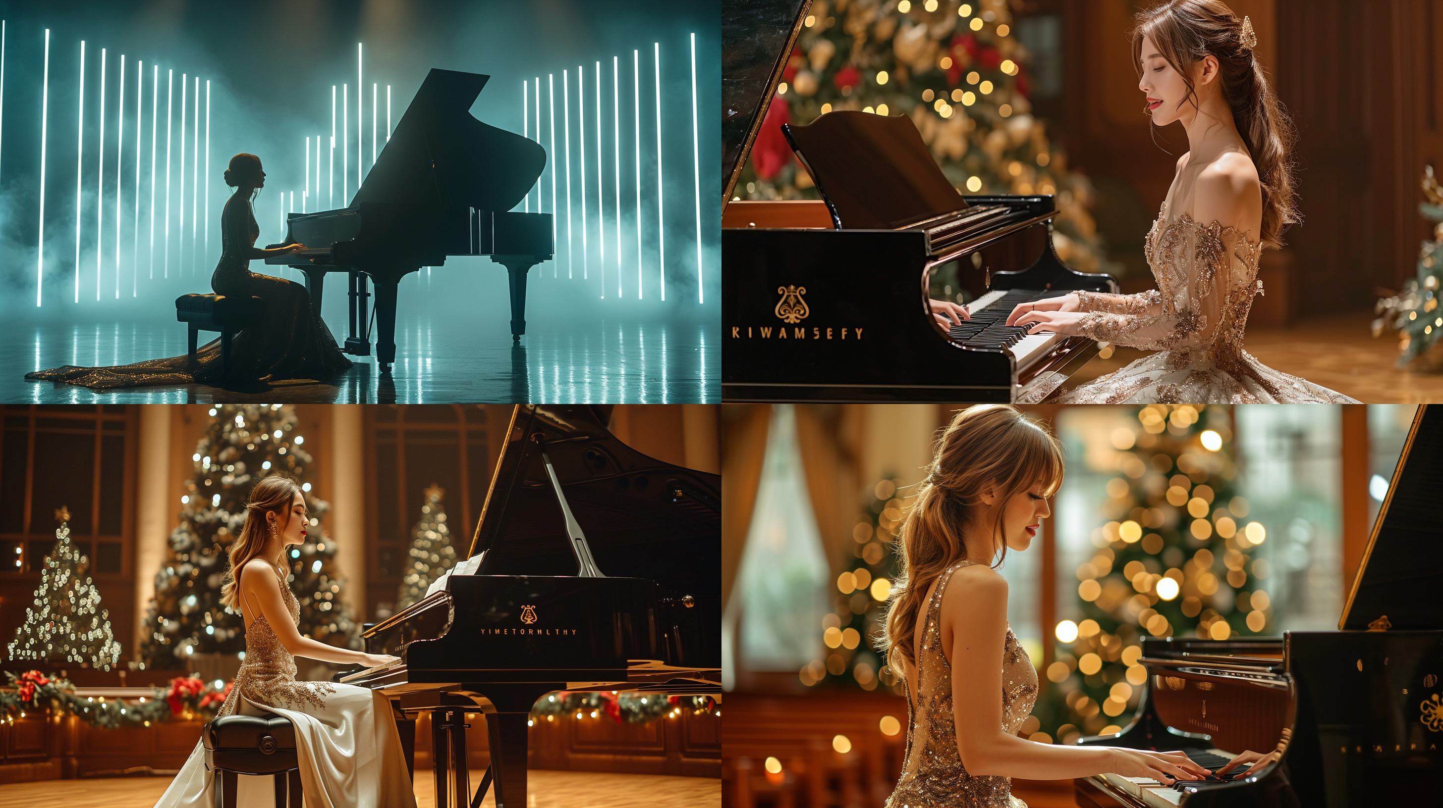 远看舞台上，一个女人穿着晚礼服，优雅地坐在钢琴前弹奏。舞台布景简约而典雅，灯光柔和而温暖，突出女人的身影。画面采用正交构图，透视感强烈，呈现出戏剧性的效果。女人的动作流畅而婉转，表情专注而充满激情。整个画面色调柔和，以黑白为主，带有一丝浪漫氛围。