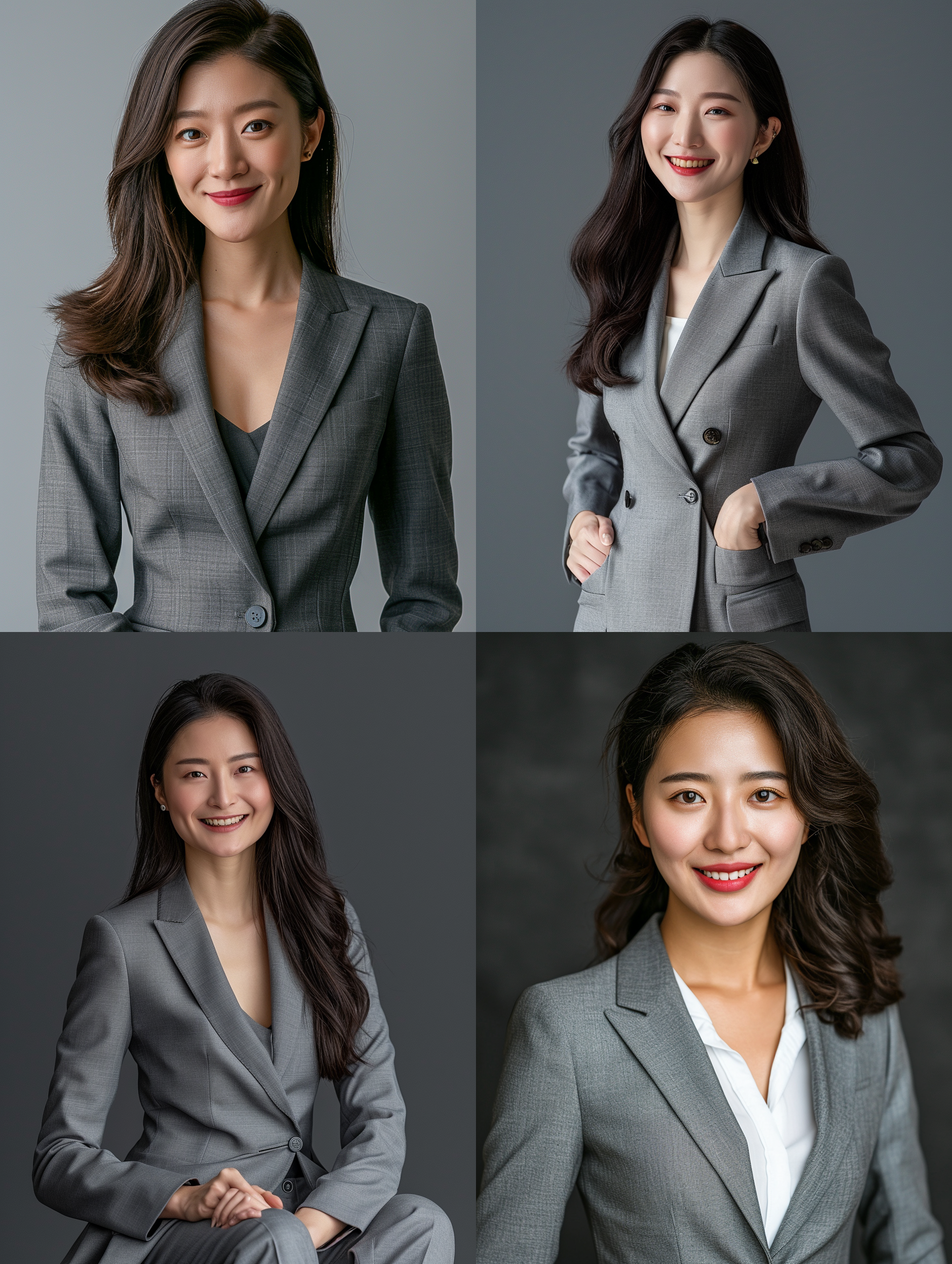 一个微笑的中国35岁漂亮女人，穿着灰色西装，渐变灰色背景，肖像 超现实主义 全身 长焦拍摄 工作室照明 伦勃朗光