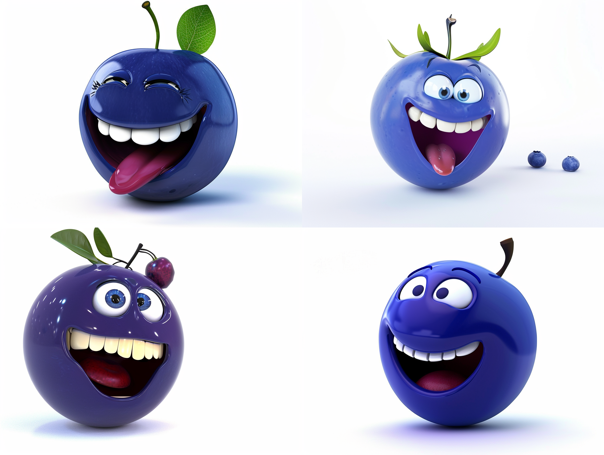 一颗开心的卡通蓝莓，微笑，c4d渲染效果，白色背景 