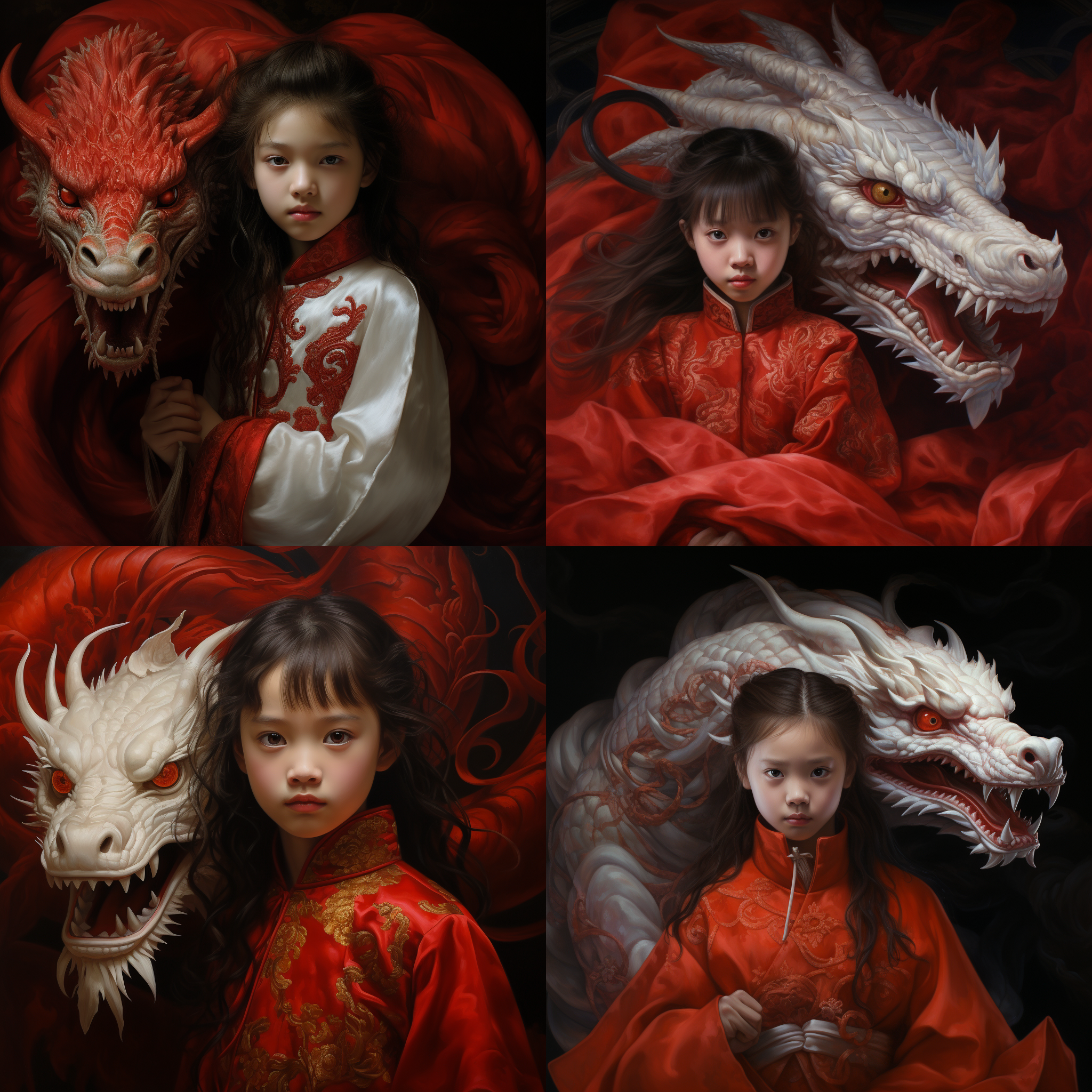 白色中国龙，穿红衣服的小女孩，龙在小女孩身后