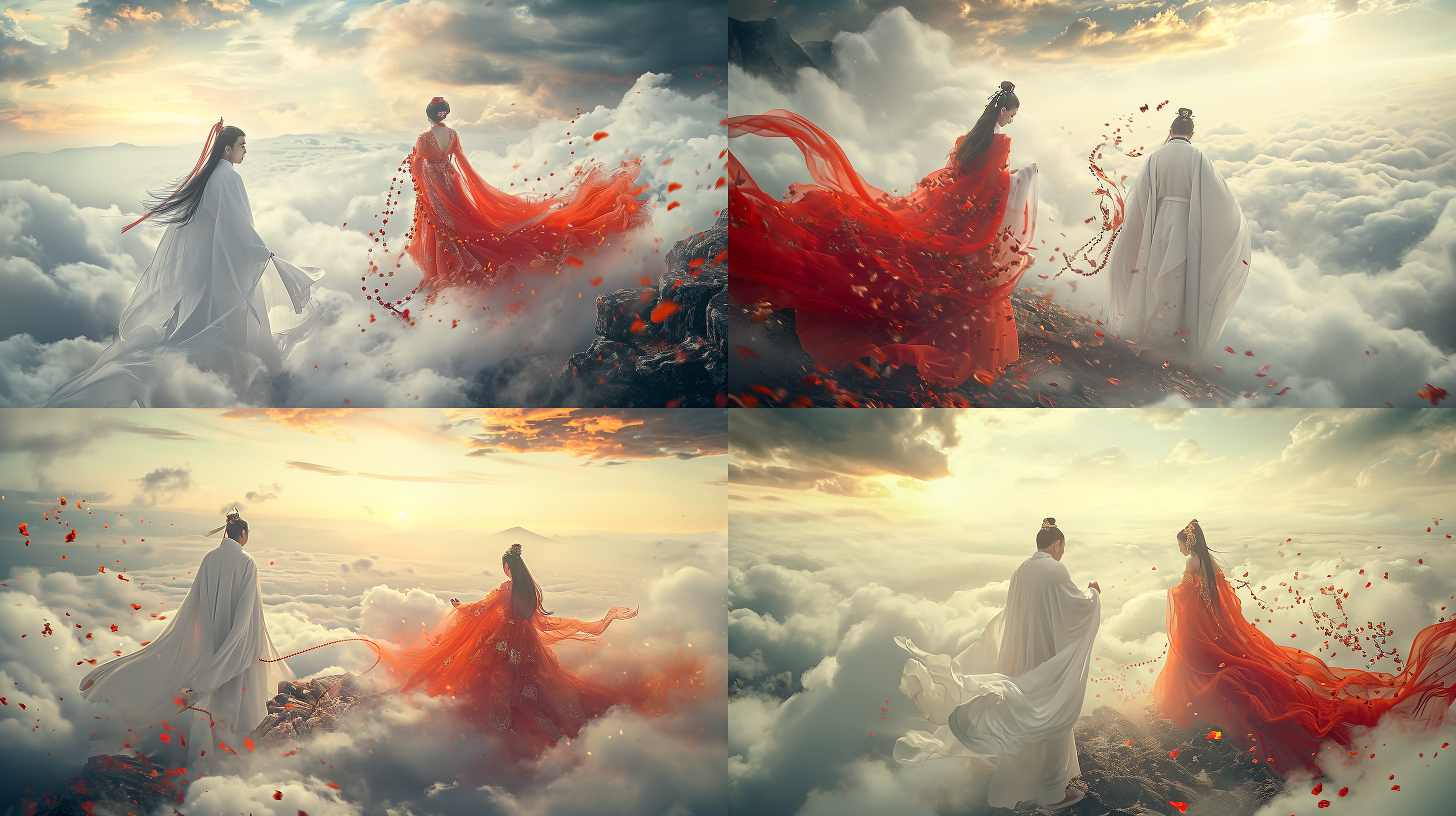 男子白袍，女子红嫁衣，朱砂眉间，念珠洒落，云海背景。水彩渲染，传统仙侠风格，电影照明，8k分辨率，数字插画，高质量画质。