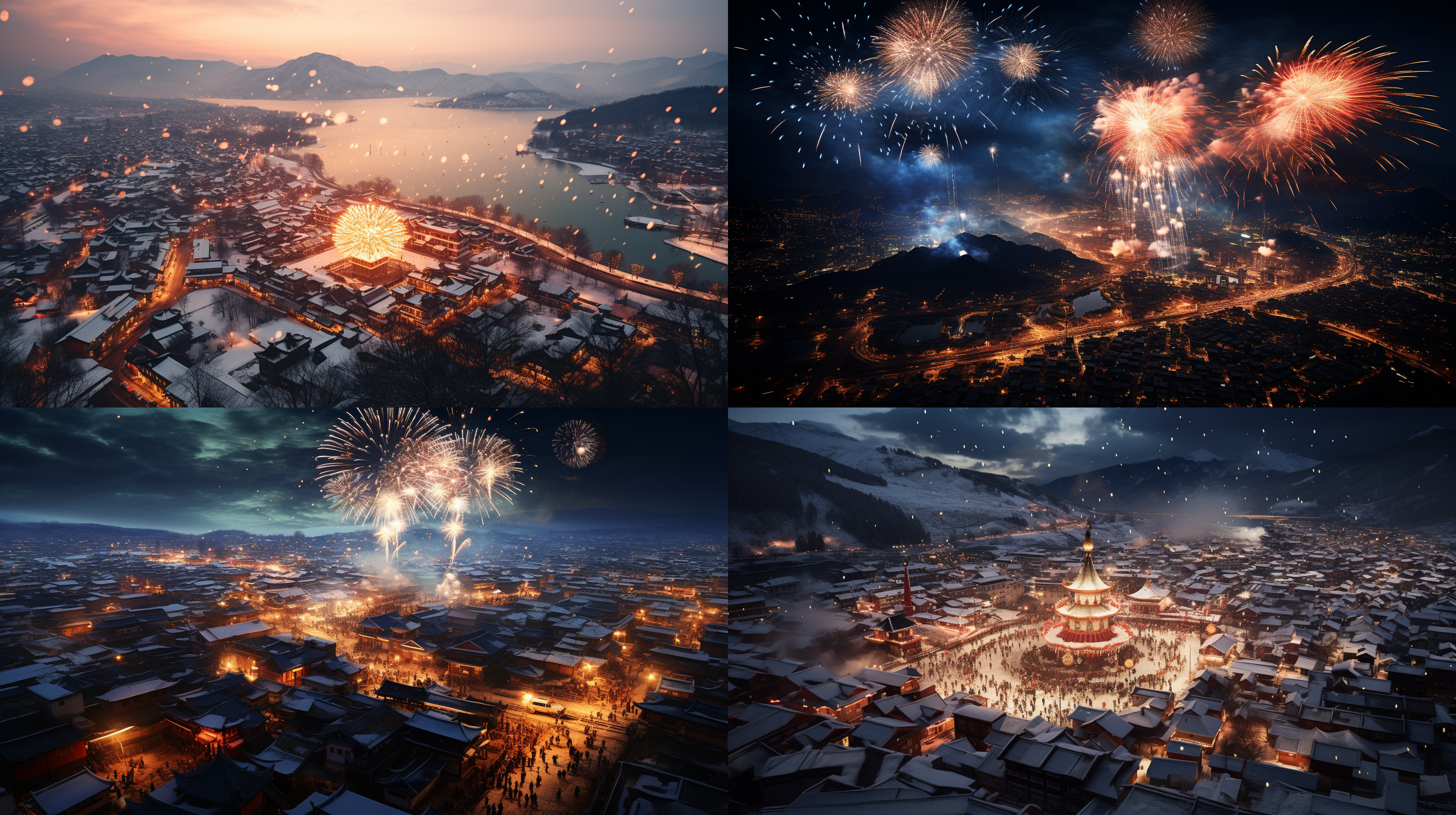 中国北方乡村，航拍春节放烟花，300米高空俯视，黑夜，大红灯笼，雪景，广角