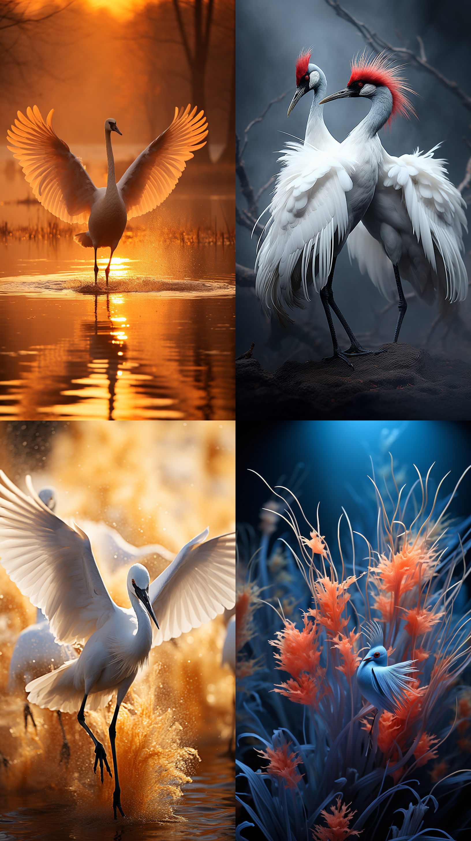 航拍，水面十几只丹顶鹤跳舞，春天，芦苇荡