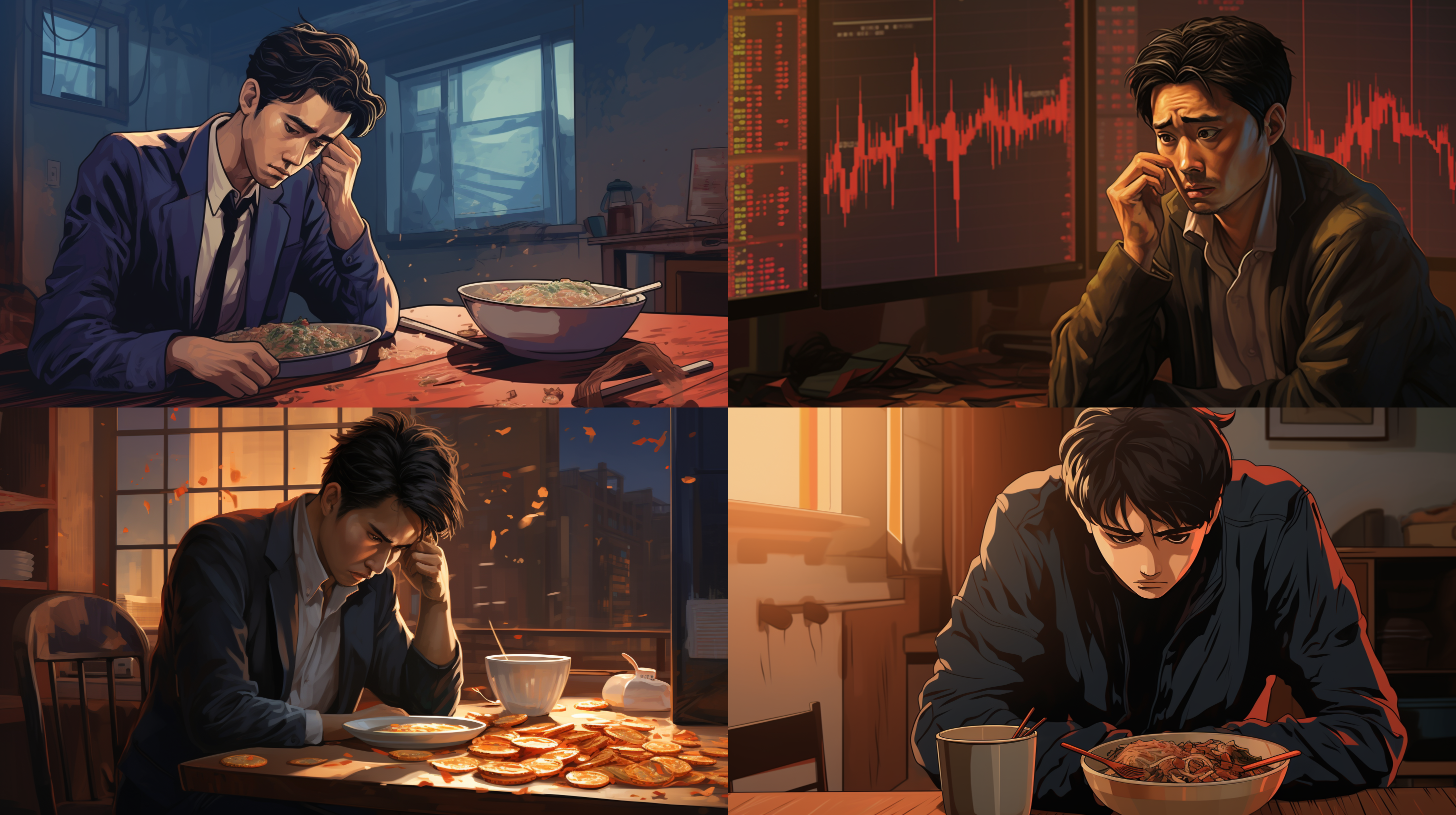 一个中国股民，经历了惨淡的市场行情，回到家，关上灯，默默地吃一碗泡面，都快哭出来了