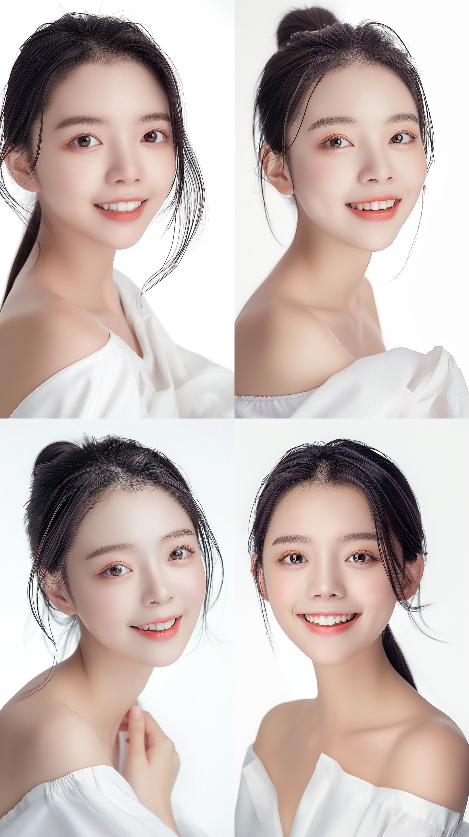 以图为参考，中国女孩，柔和的五官，明亮的眼睛，自信微笑，整齐的牙齿，优雅自然，静态拍摄，标准图片，标准镜头，日间拍摄，数码照片，先进的渲染技术，高清分辨率，纯白色背景