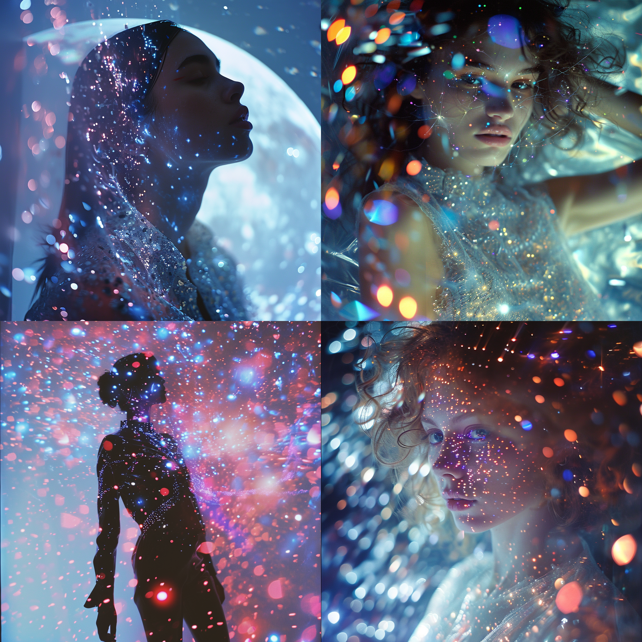 银河星波未来主义风格的月球朋克时尚摄影，真人大小的五彩纸屑，空灵的超现实主义景深，扭曲的现实，低调的高级时装科幻运动服，霍尔加中画幅相机 光绘