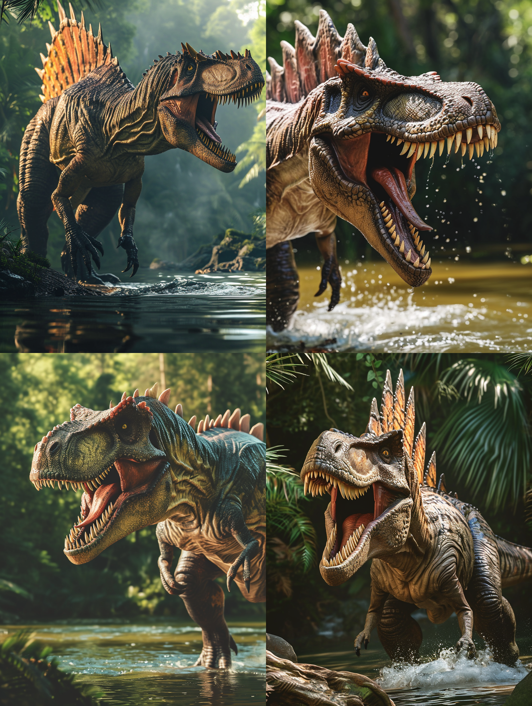 侏罗纪spinosaurus aegyptiacus，巨大的食肉恐龙，站在河边。以饱满的肌肉和锋利的牙齿为特点。背景是茂密的丛林和流动的河水。使用长焦镜头捕捉细节。明亮的自然光线照射下，展现出恐龙的力量和威严。恐龙张开巨大的嘴巴，散发着凶猛和霸气。