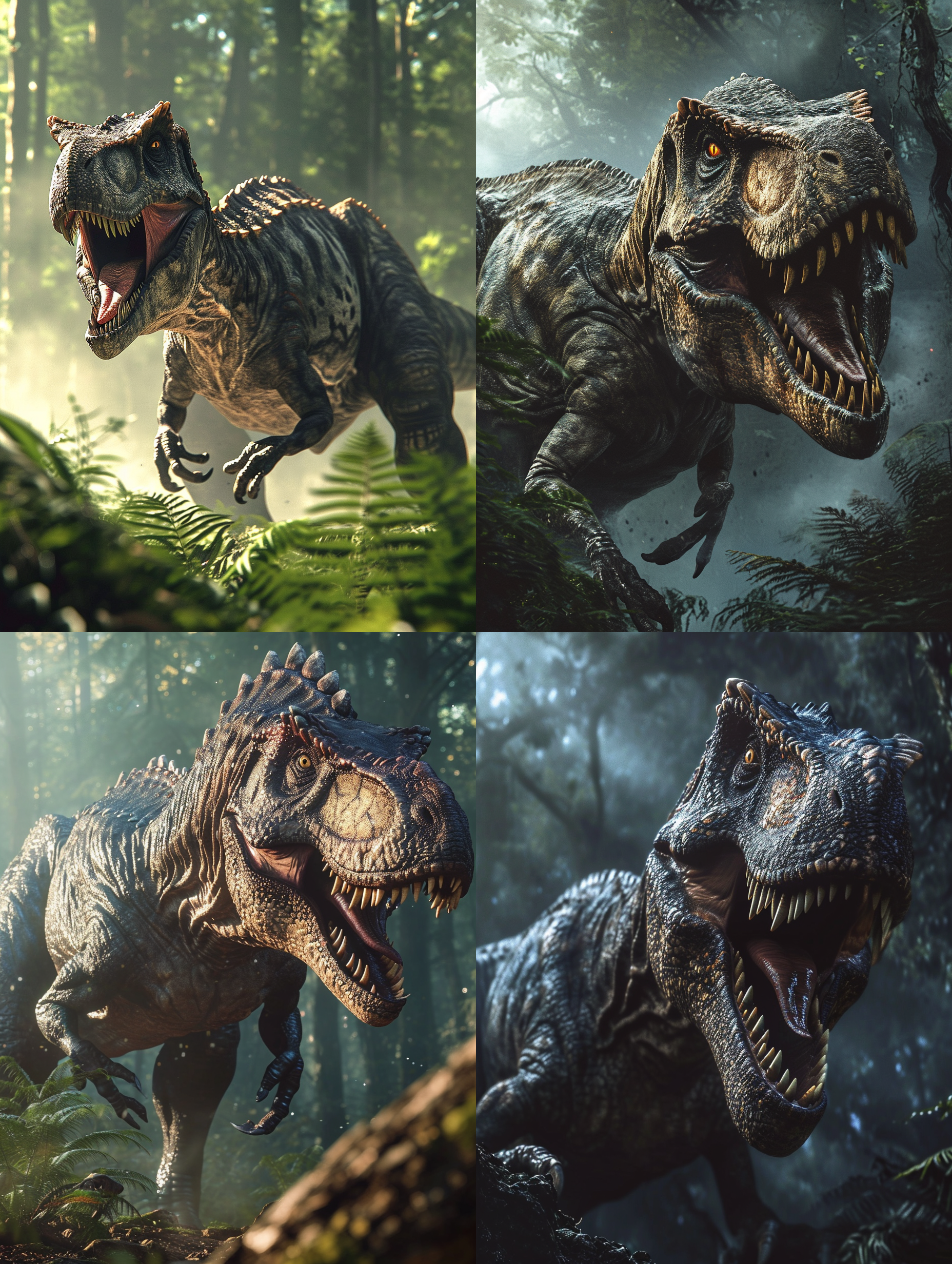 侏罗纪ceratosaurus，呈现出逼真的恐龙形象。画面采用近景特写，暗色调，烟雾缭绕的森林背景，突出恐龙的凶猛气息。摄影技术使用长焦镜头，强调恐龙的细节特征。光线来自侧面，形成阴影和高对比度效果。恐龙身体动作凶猛有力，表现出威胁和紧张感。