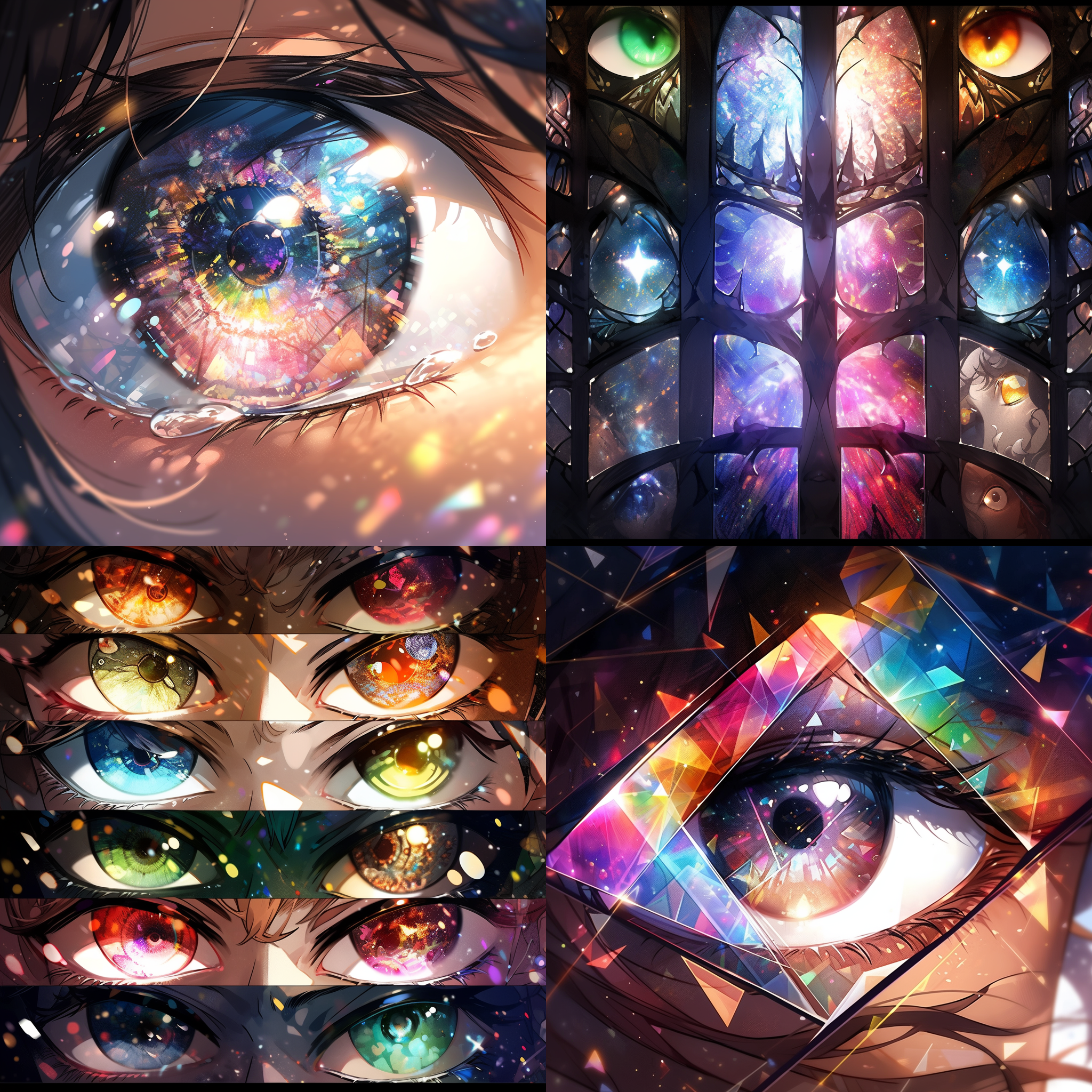 神明的眼睛，透过玻璃质感的窗户映照出色彩绚丽的光影。构图对称，环境安静，眼睛犹如宇宙的星辰。广角镜头捕捉到细节，光线柔和而温暖。眼睛散发着神秘而深邃的光芒，令人陶醉其中。