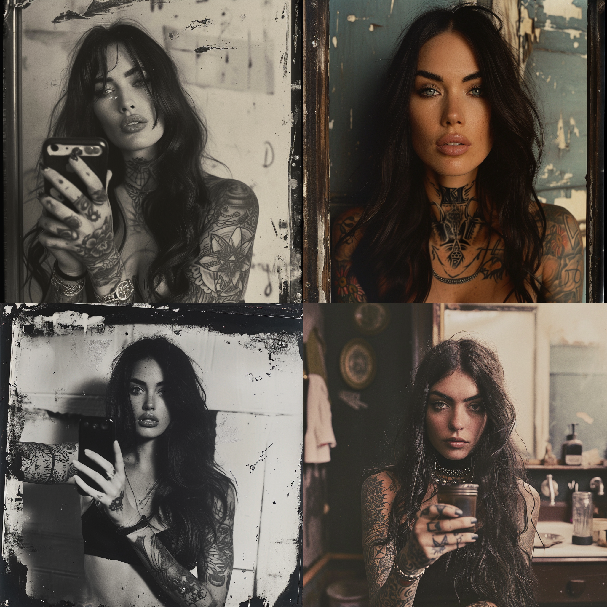 alphonse bertillon photograph depicting a gorgeous megan fox with lots of tattoos taking a self-portrait in