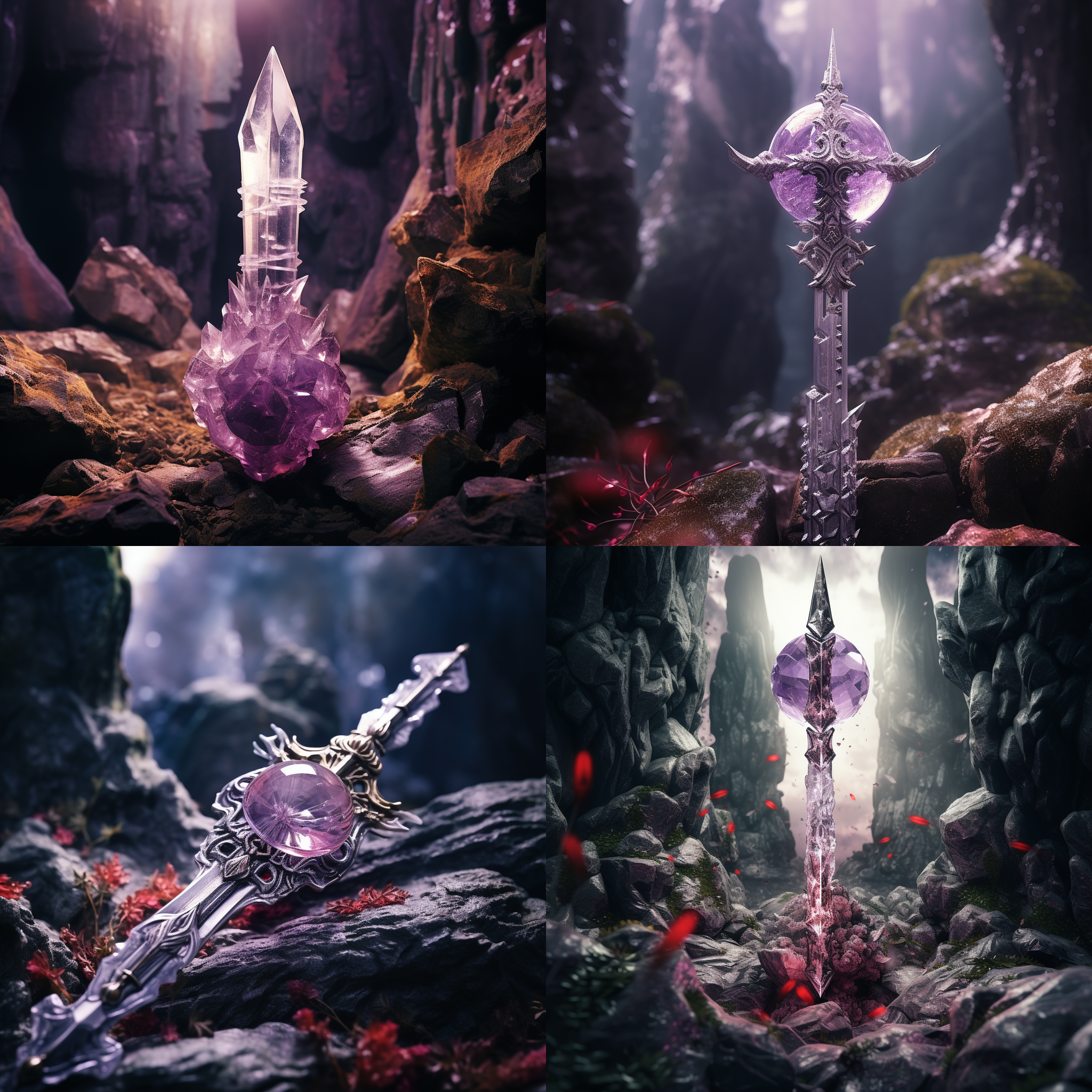 紫水晶剑，蛋白石球，白色刚玉剑柄，红水晶，石林景色，对称构图，柔和光线，宽镜头，静态，神秘色调，平衡。